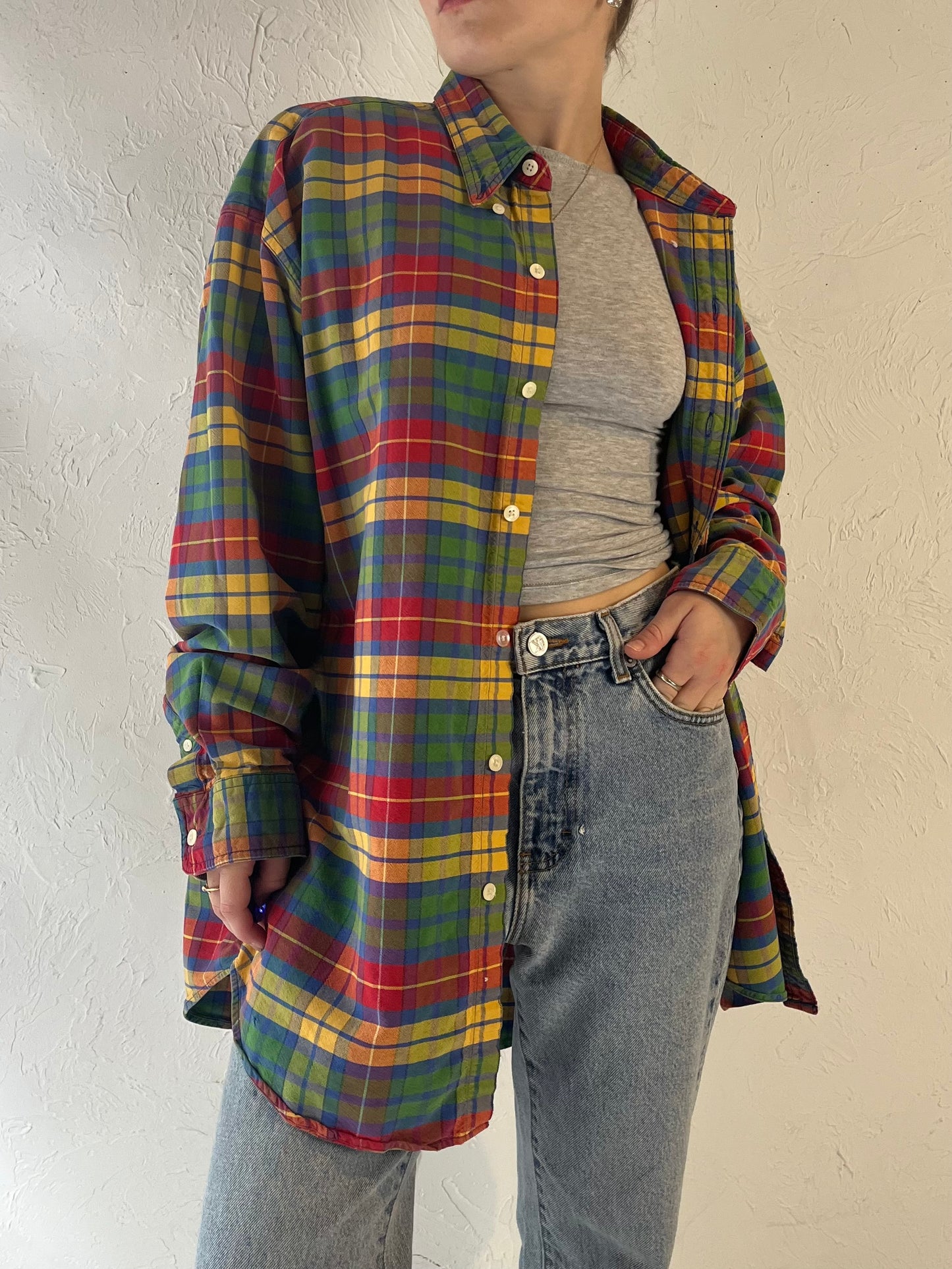 90s 'Gap' Cotton Plaid Button Up Shirt / Large