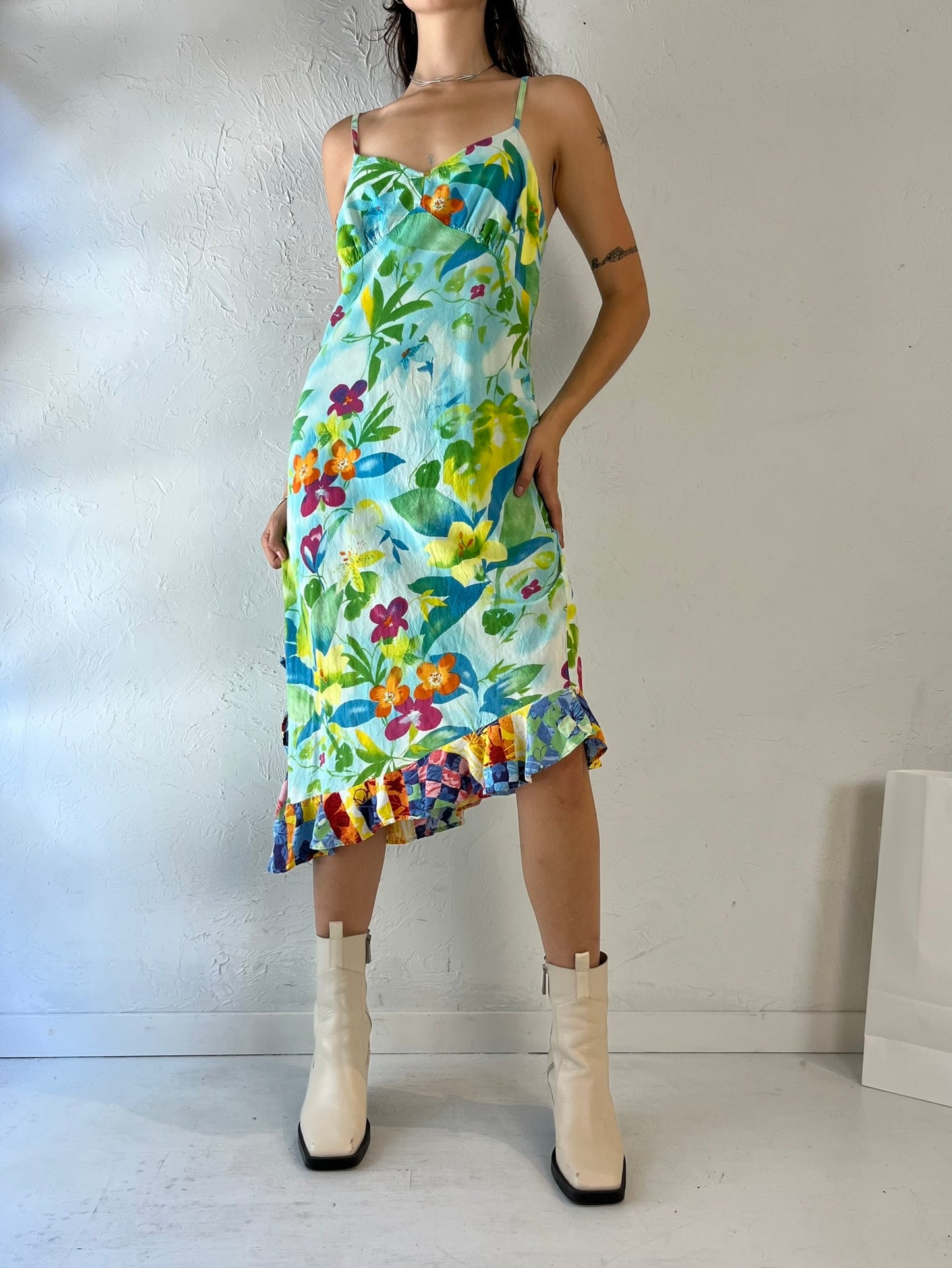 90s 'Jams World' Blue Floral Print Rayon Dress / Large