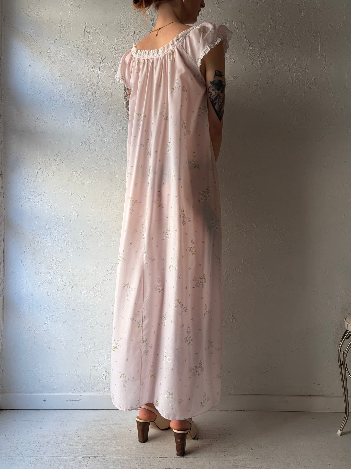 80s 'Komar' Pink Daisy Print Nighty Maxi Dress / Small