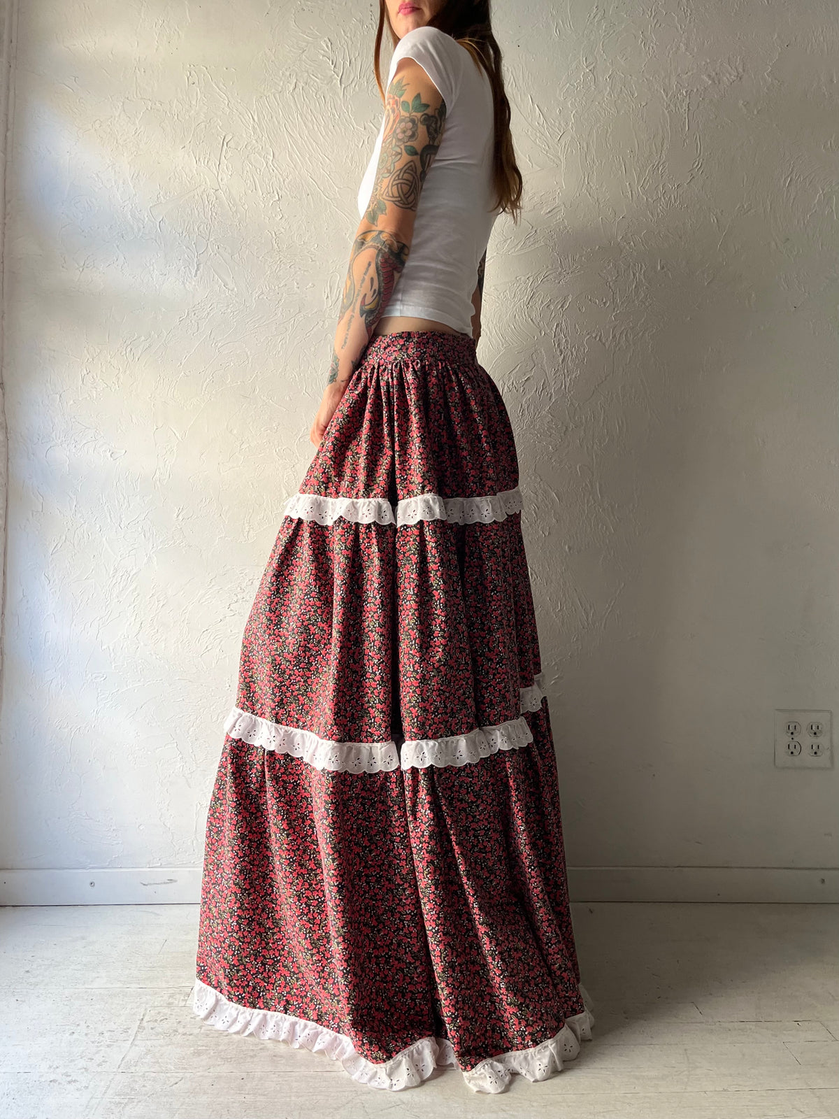 Vintage Handmade Floral Prairie Cottagecore Western Teared Maxi Skirt / Medium