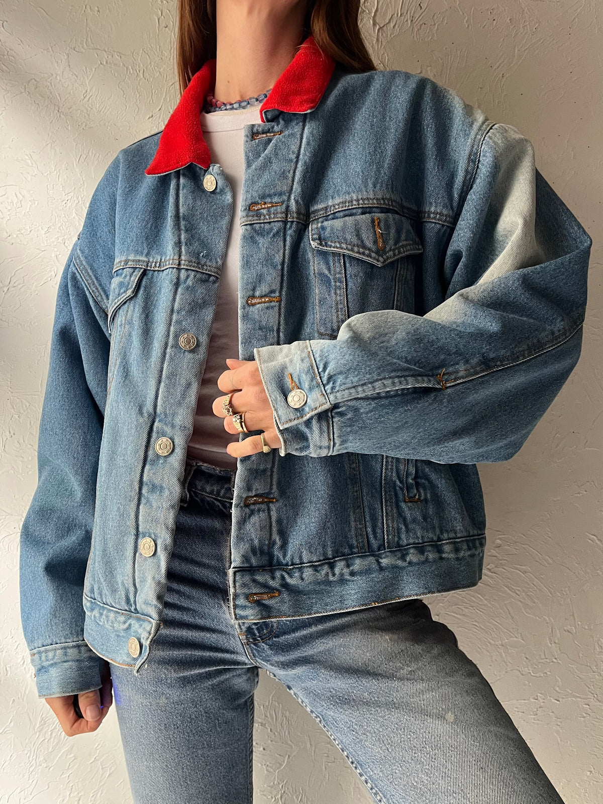 90s 'Mod International' Denim Red Fleece Lined Grunge Streetwear Trucker Jean Jacket / Large