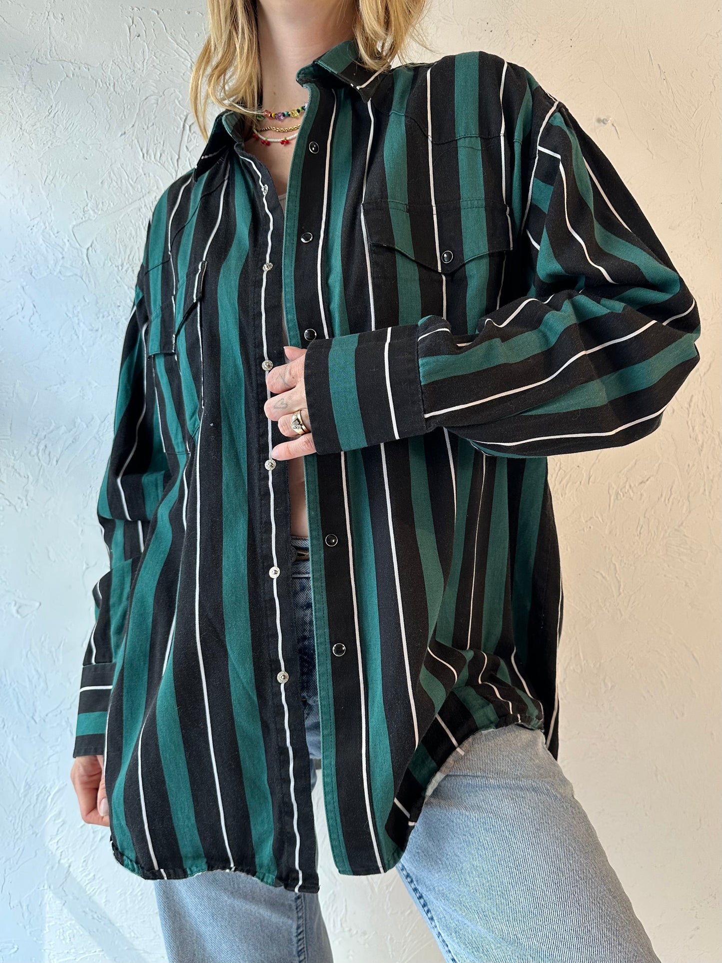 Vintage 'Wrangler' Striped Cotton Western Black Snap Shirt / XL