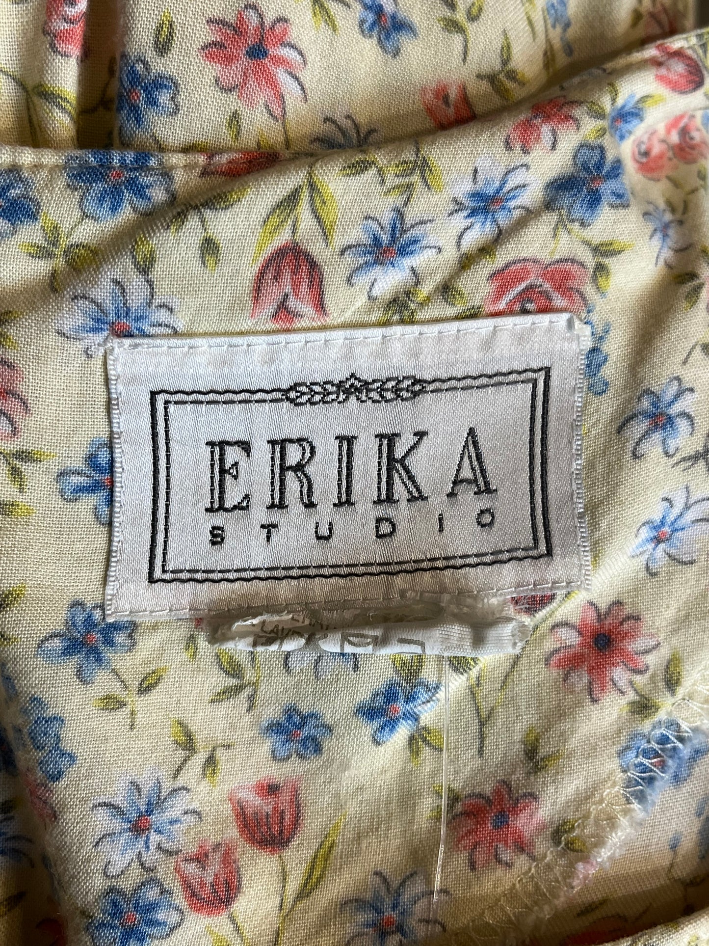 90s 'Erika' Pale Yellow Floral Print Rayon Dress / Medium