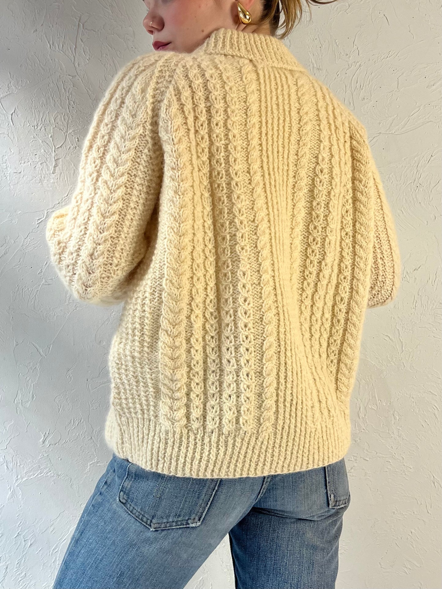 Vintage Hand Wool Knit Cream Cable Knit Sweater / Small - Medium