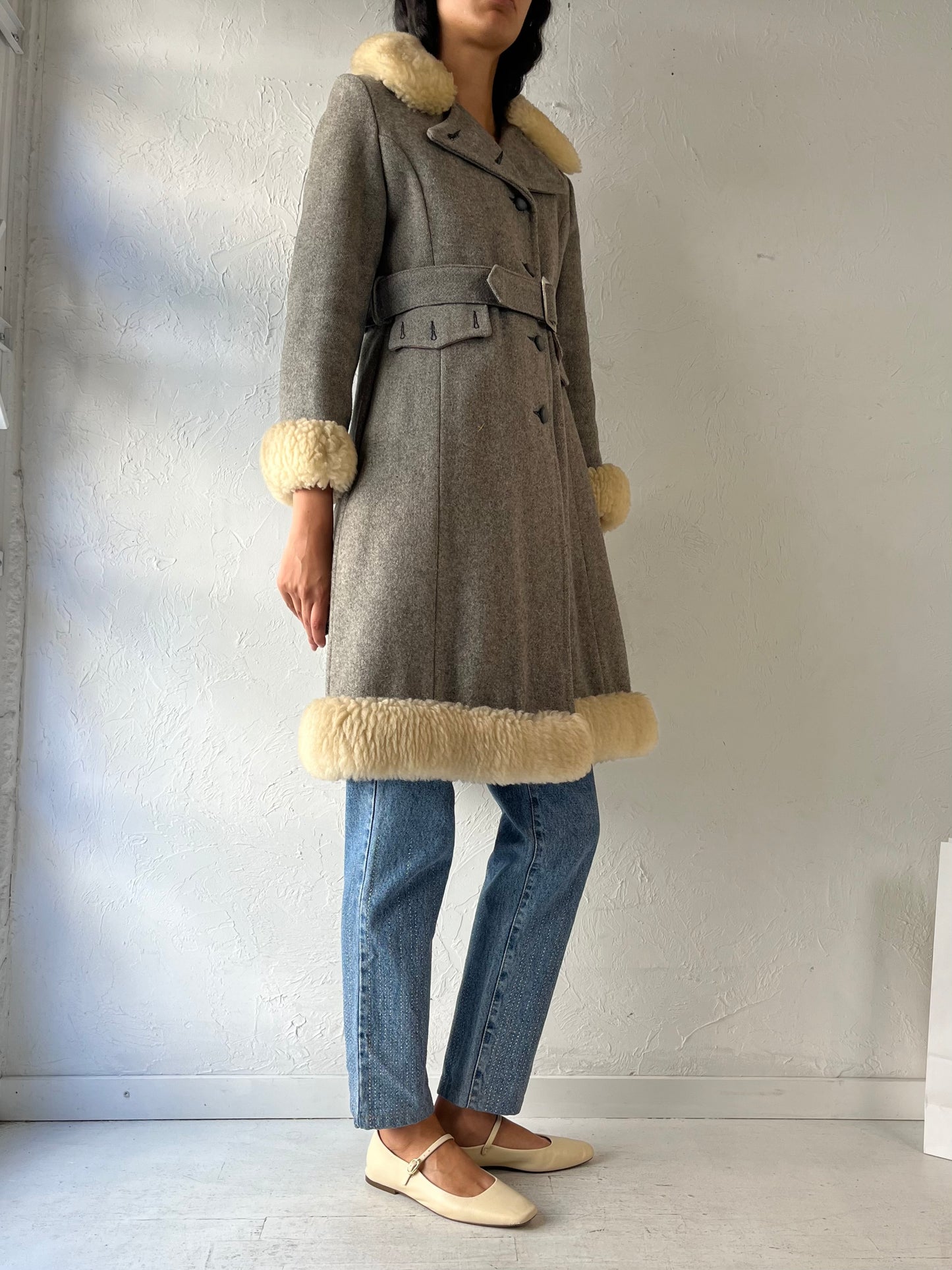 70s Gray Knit Winter Coat / Small