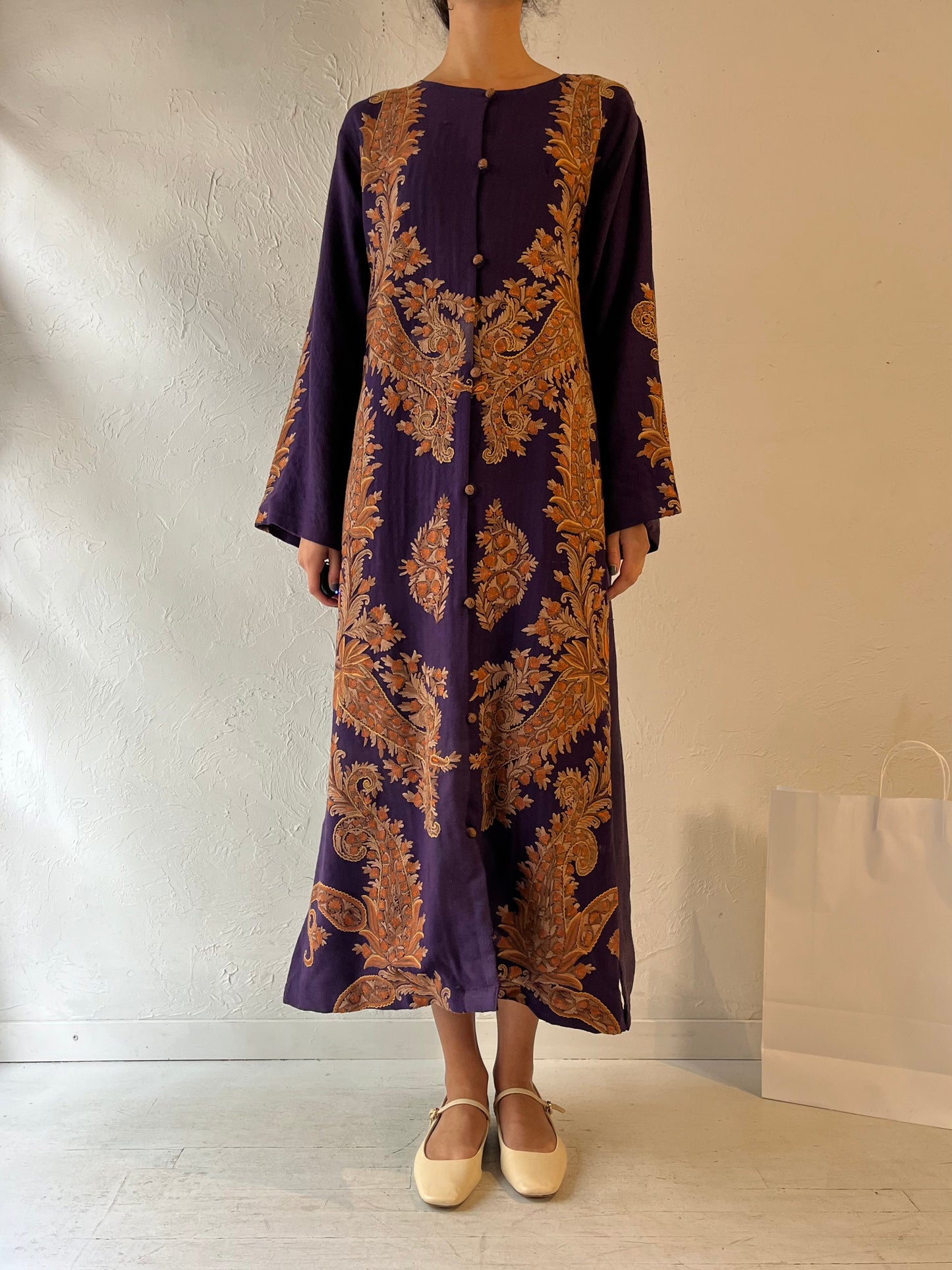 70s Long Purple Embroidered Cloak Coat / Medium