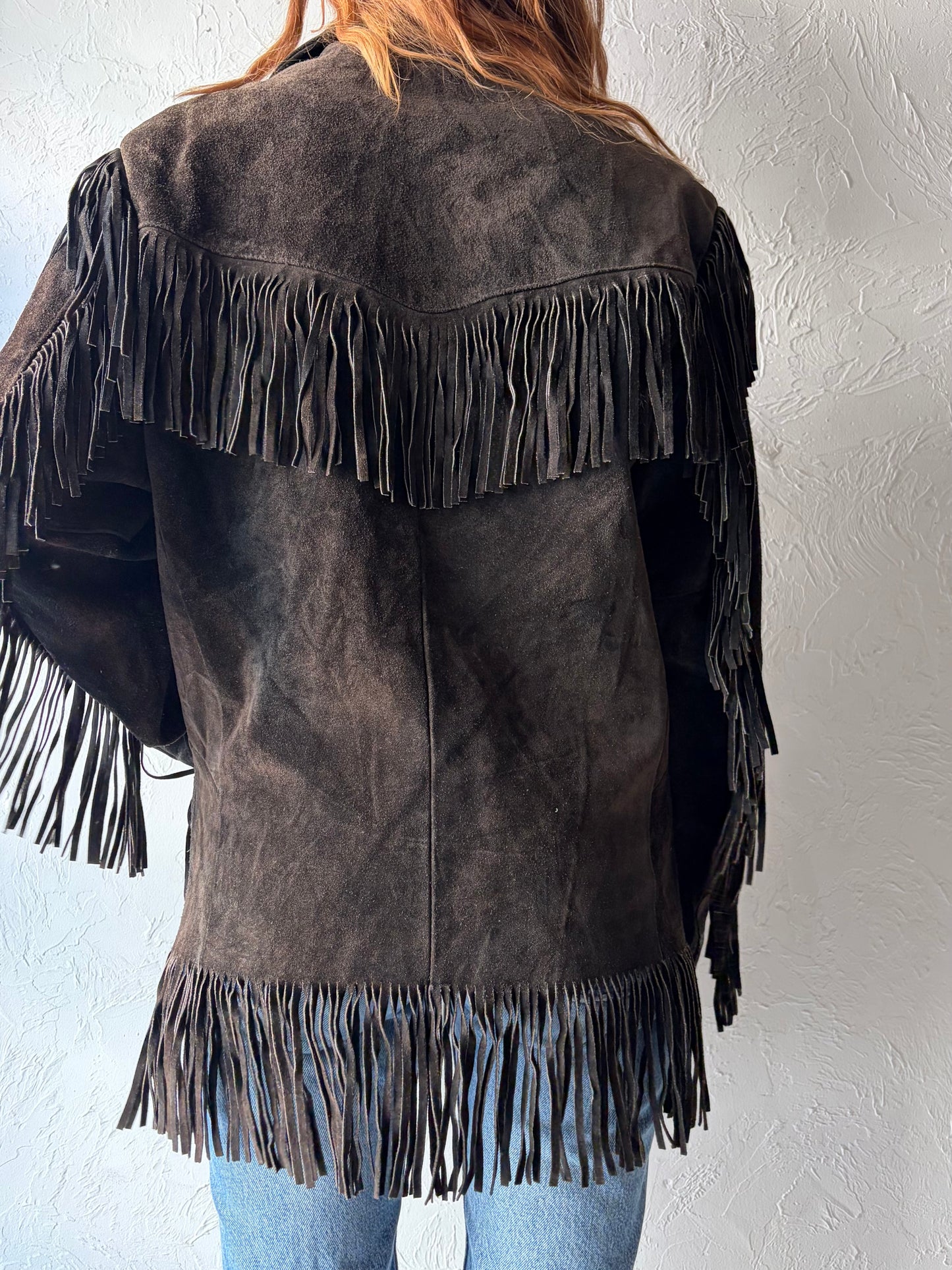 70s 'Excelled' Black Suede Fringe Jacket / Medium
