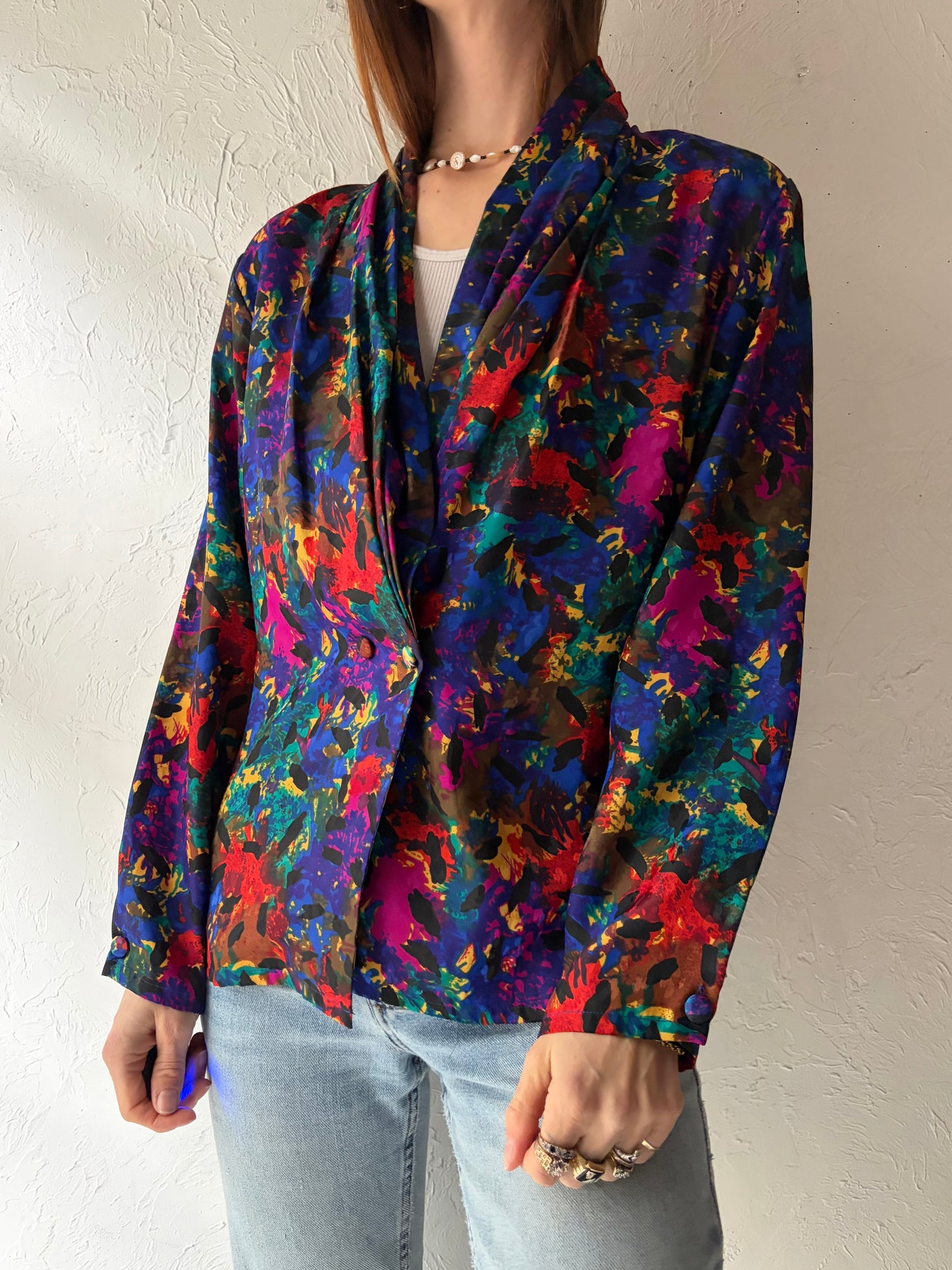 90s 'Fathena' Retro Patterned Office Wear Blouse / Medium