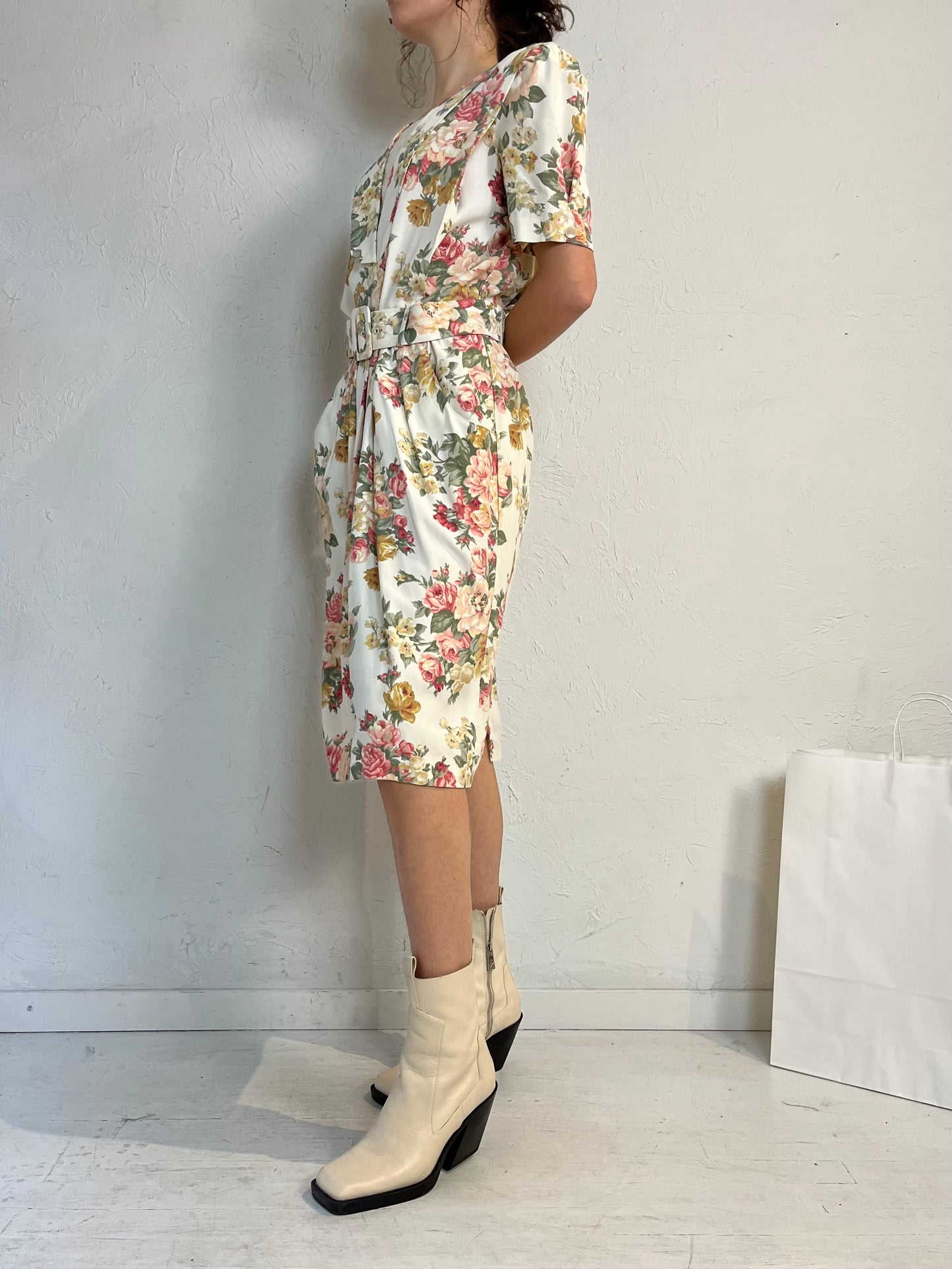 80s 'SL Fashions' Floral Print Midi Dress / Medium