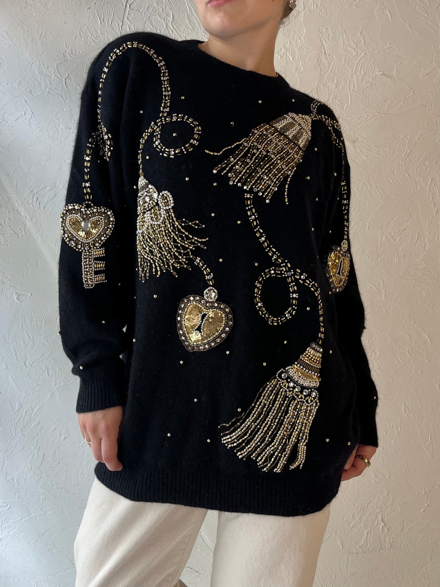 90s 'Bianca' Black Beaded Sweater / Medium