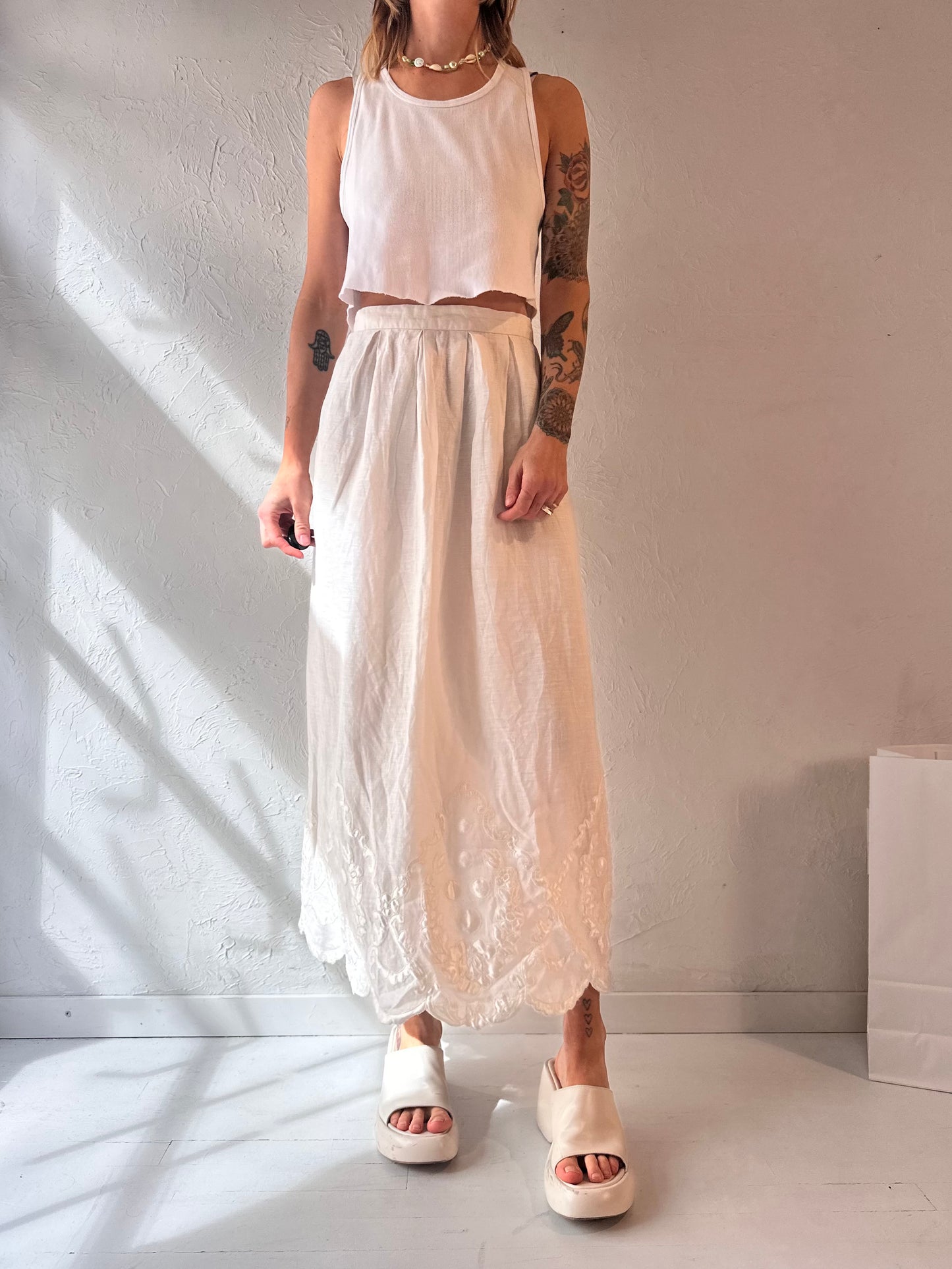 90s 'Cloak of Many Colors' White Linen Skirt / Small