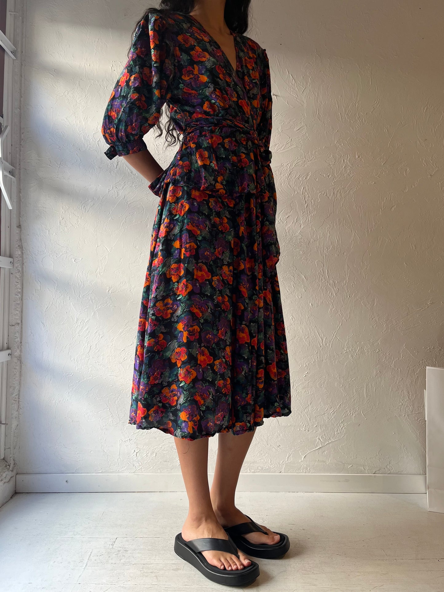 80s 'Jaegar' Floral Print Midi Dress / Small