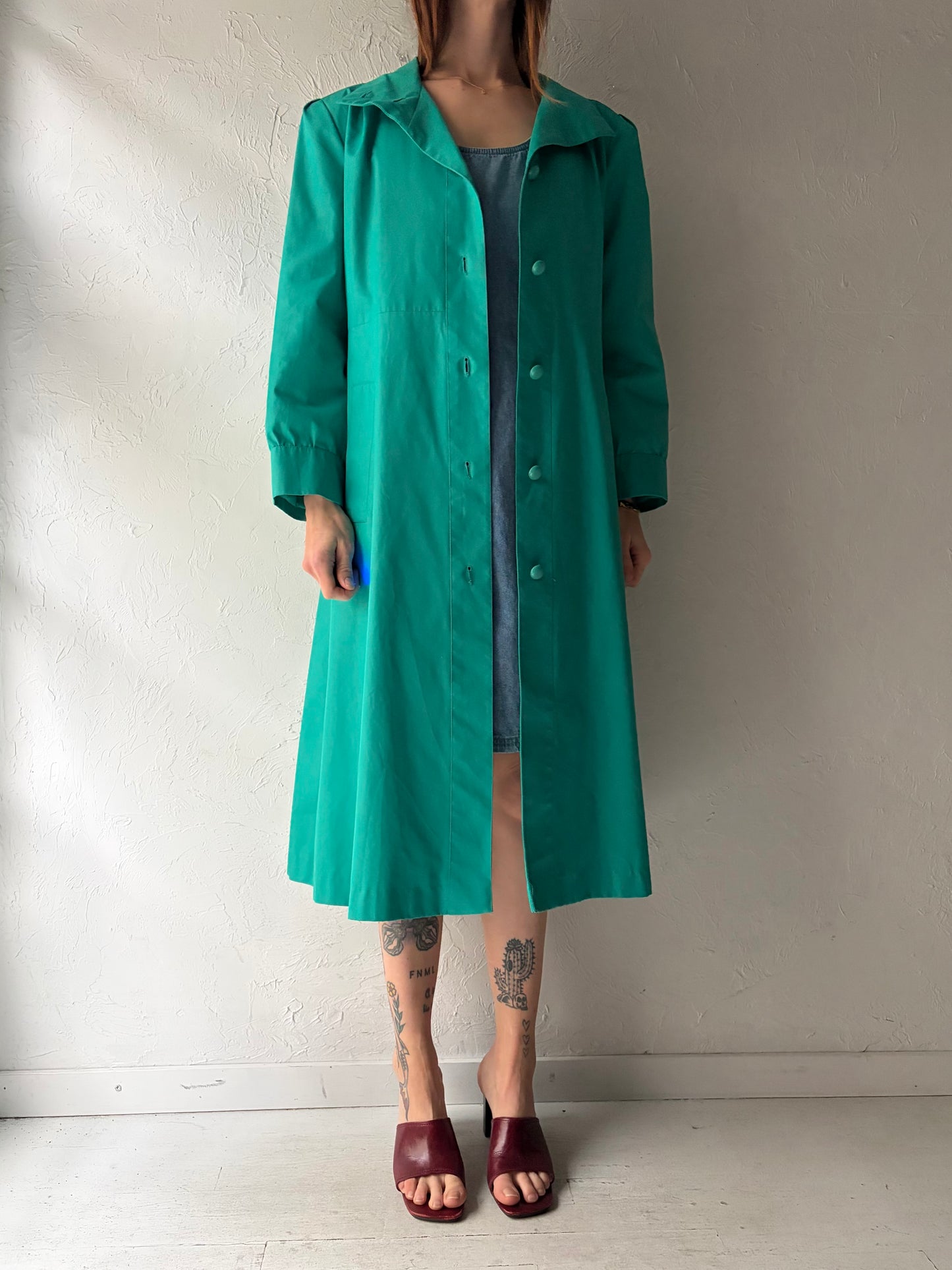 90s 'J. Gallery' Green Trench Coat / Vintage 90s Retro Minimalist Long Rain Jacket / Small