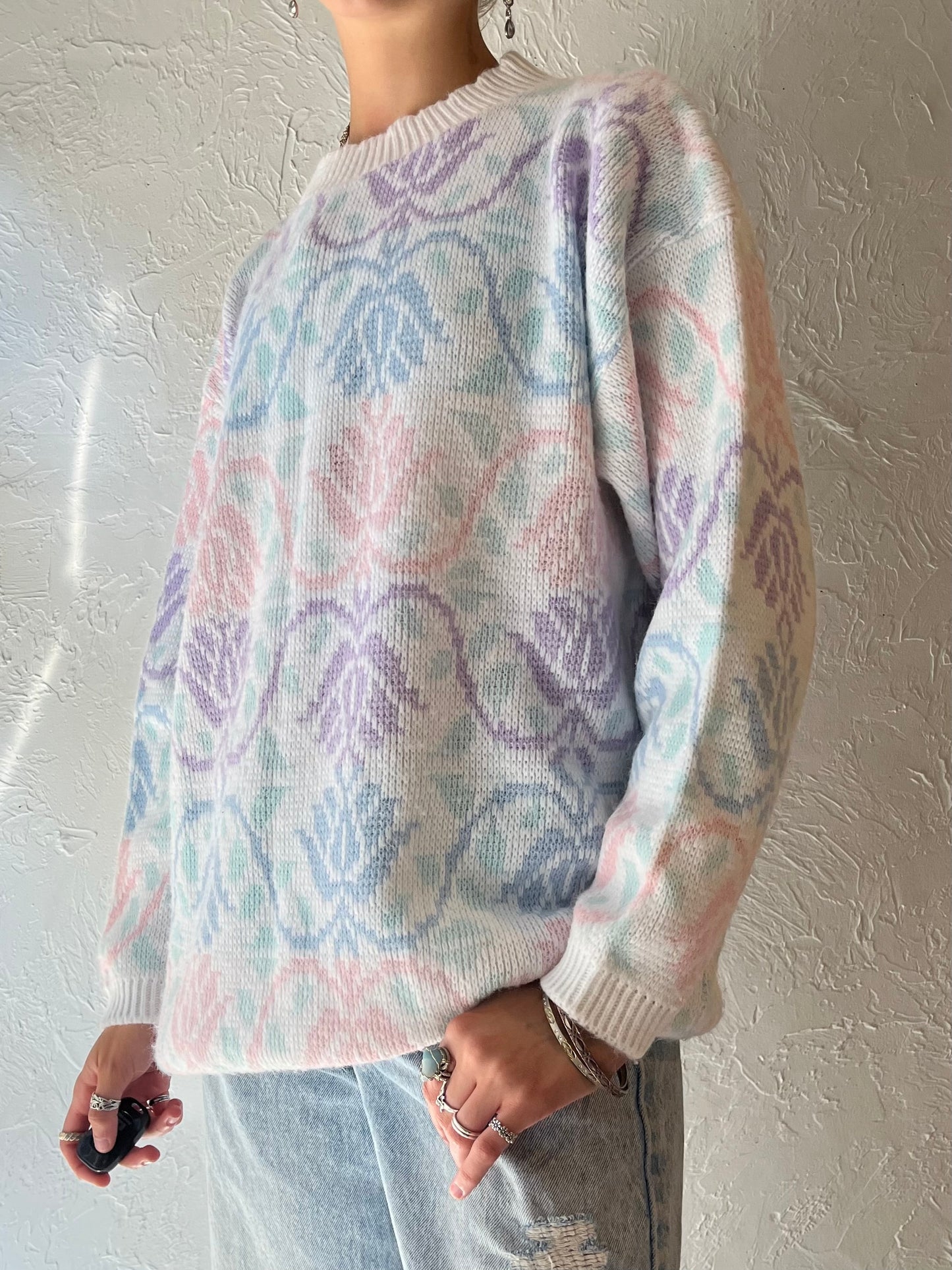 90s 'Classic Essentials' Floral Knit Sweater / Medium