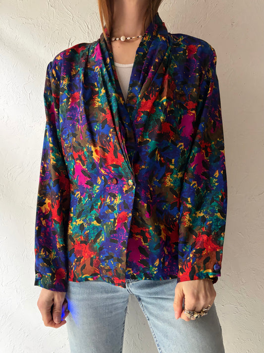 90s 'Fathena' Retro Patterned Office Wear Blouse / Medium