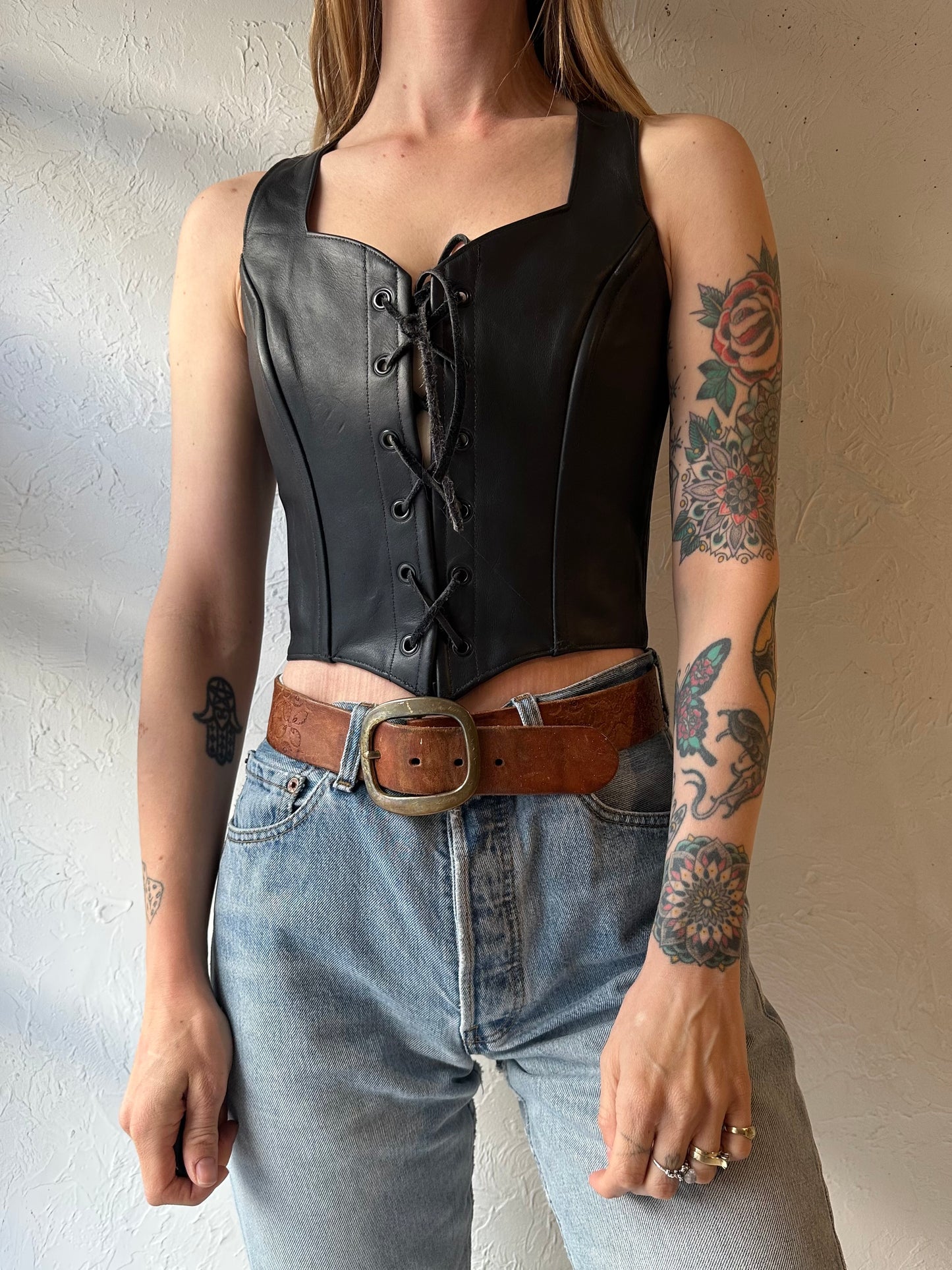 Vintage Handmade Leather Lace Up Top / Small