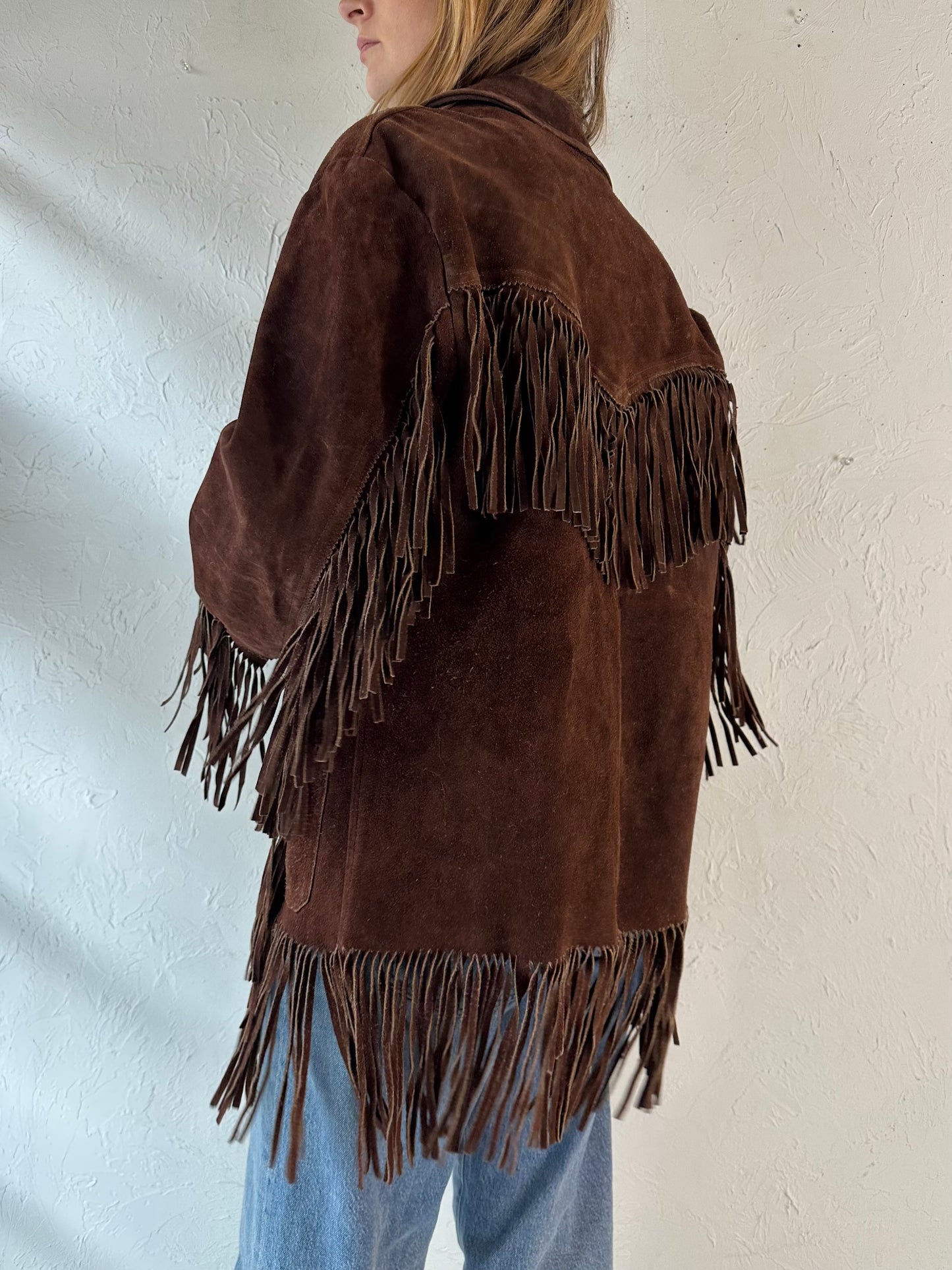 70s 'Sports Master' Brown Suede Leather Fringe Jacket / Medium