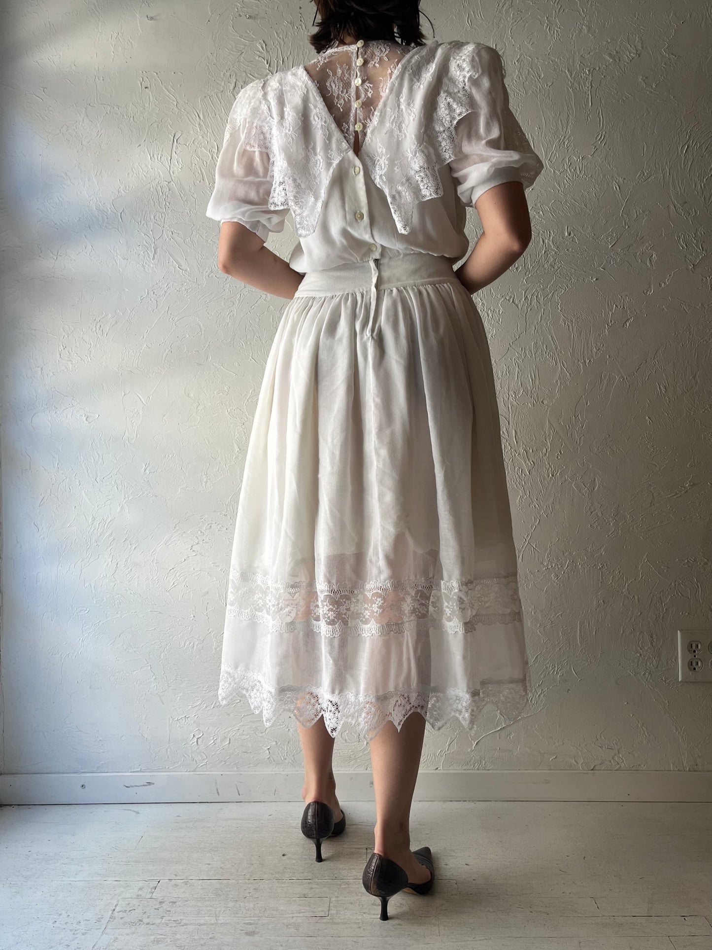 80s 'Jessica McClintock' White Romanic Prairie Cottage Core Summer Garden Party Dress / Small