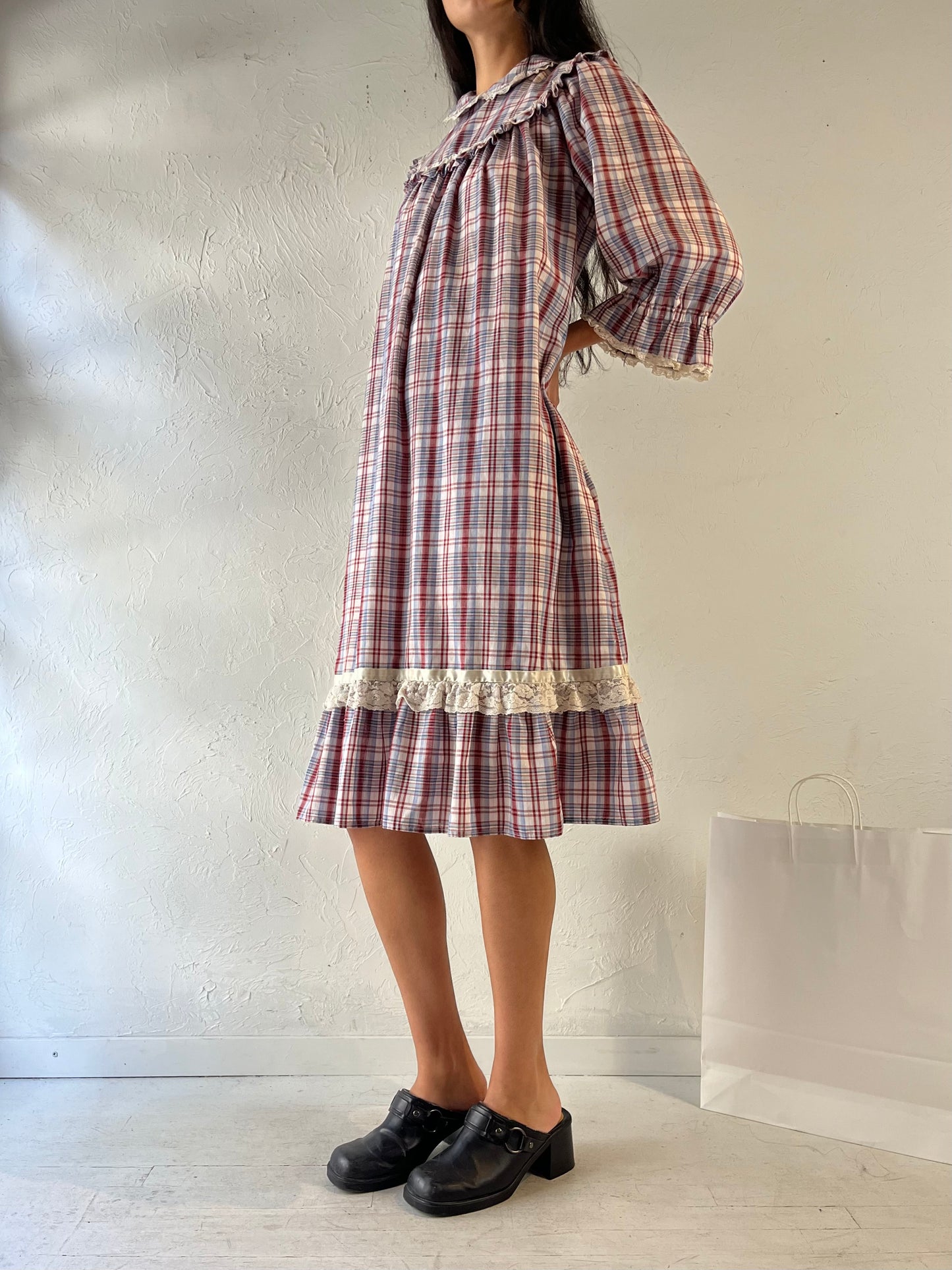 Vintage Handmade Plaid Peasant Dress / Medium