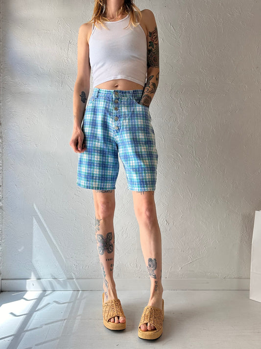 90s 'Gitano' Blue Plaid Denim Shorts / Medium