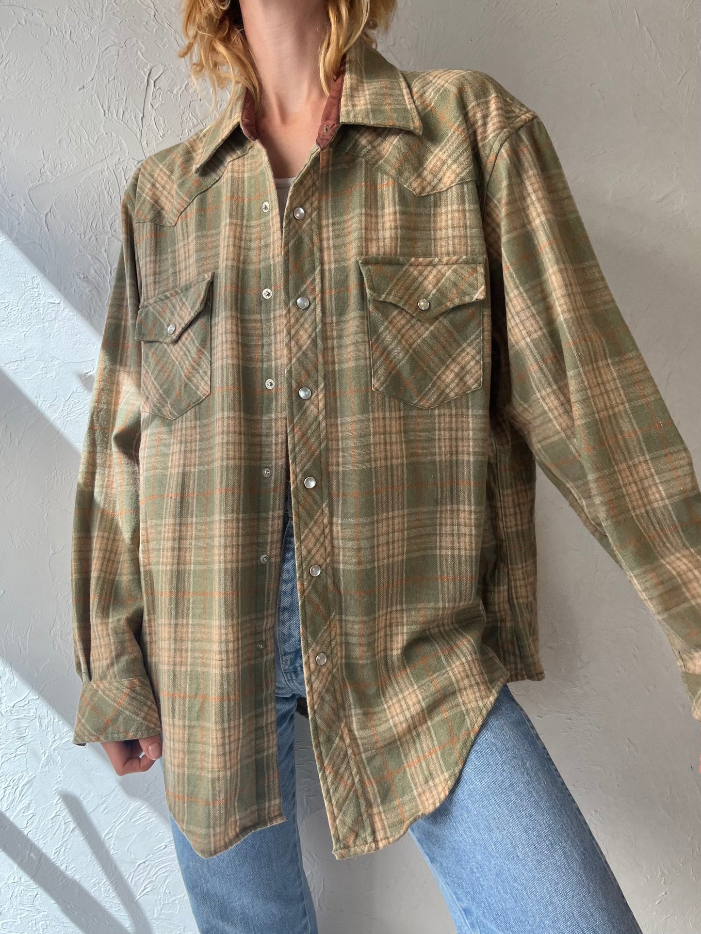 90s 'Kmart' Green Plaid Snap Up Shirt / Large