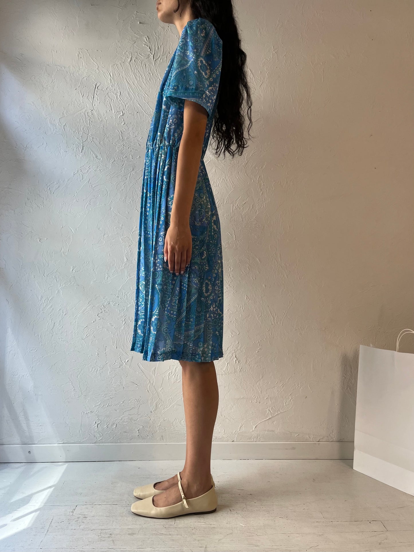 80s 'Leo Damal' Blue Paisley Midi Dress / Small