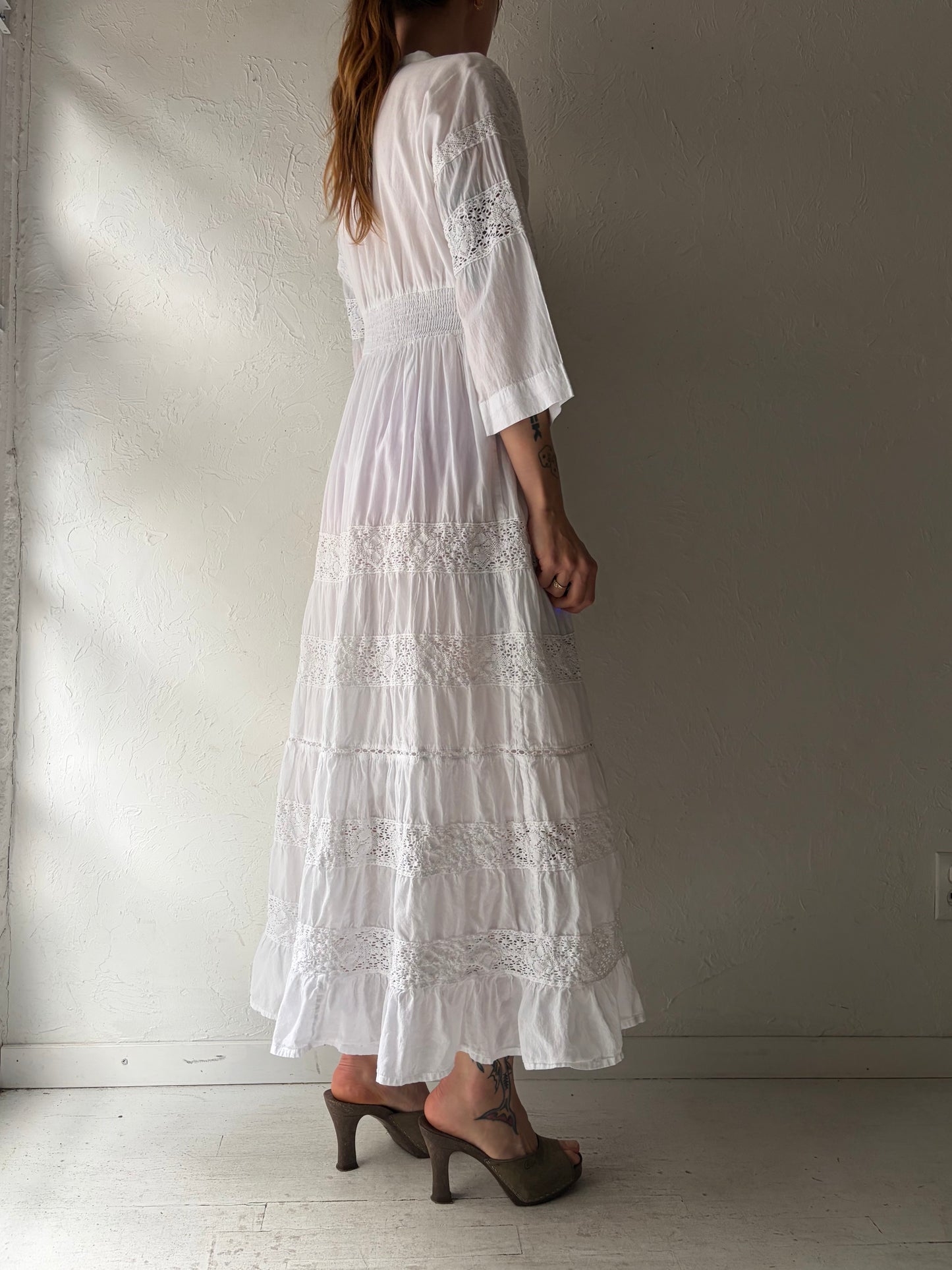 Vintage 'Magic' White Cotton Crochet Hippie Maxi Dress / Medium