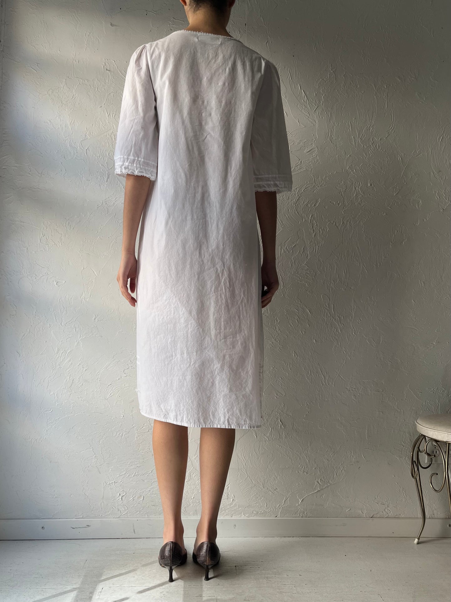 Y2k 'Victoriana' White Cotton Summer Night Gown / Vintage 2000s Cottagecore Nighty Midi Dress / Small