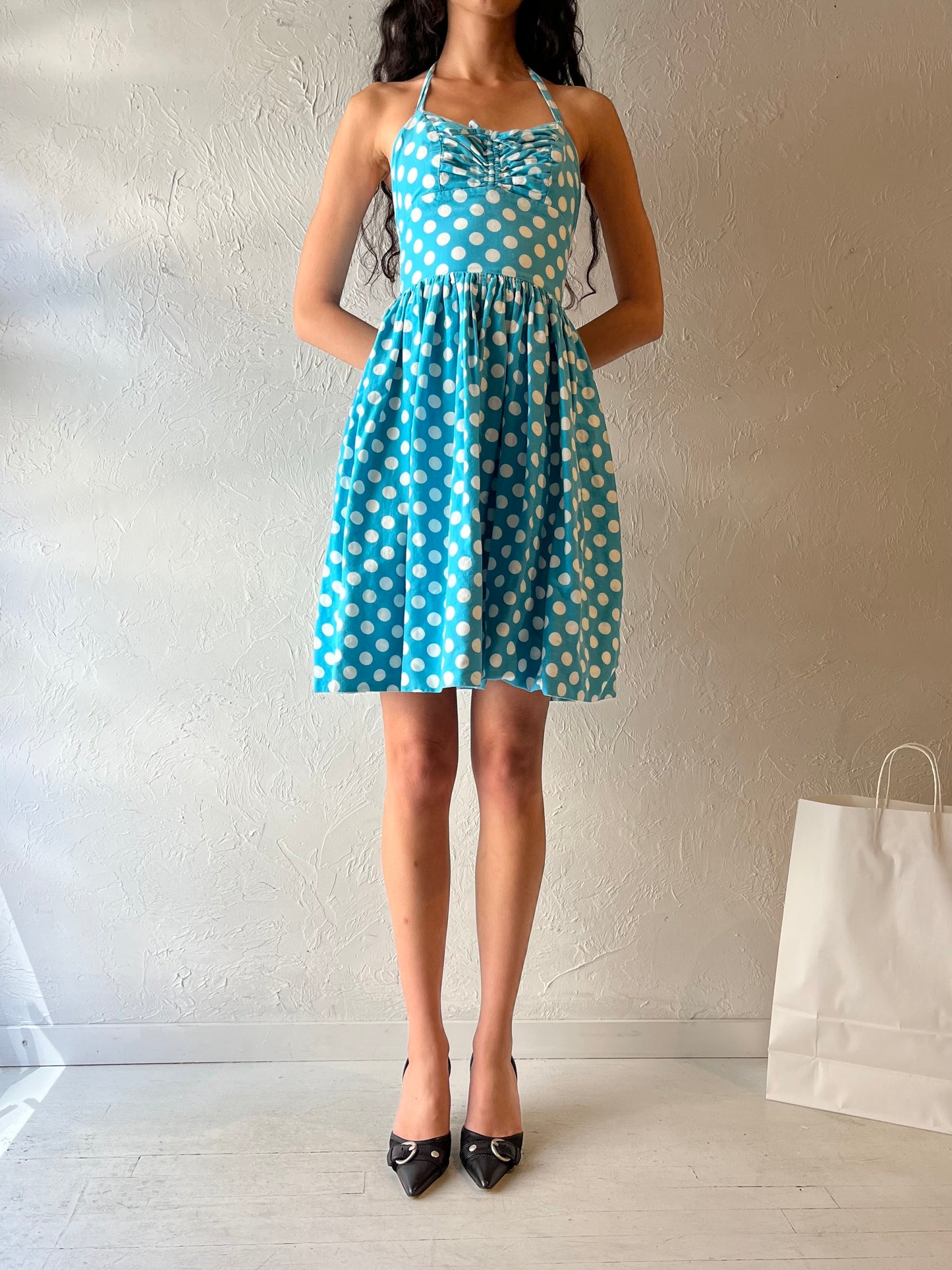 80s Blue Polka Dot Pin Up Dress / XSmall