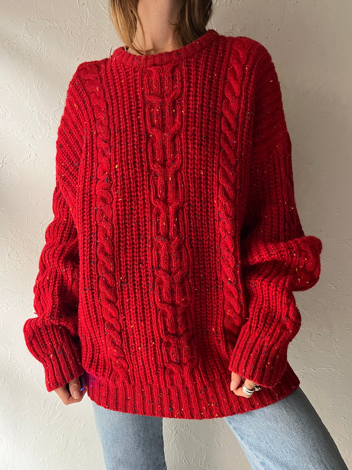 90s 'Agenda' Red Wool Oversized Cable Knit Winter Sweater / XL