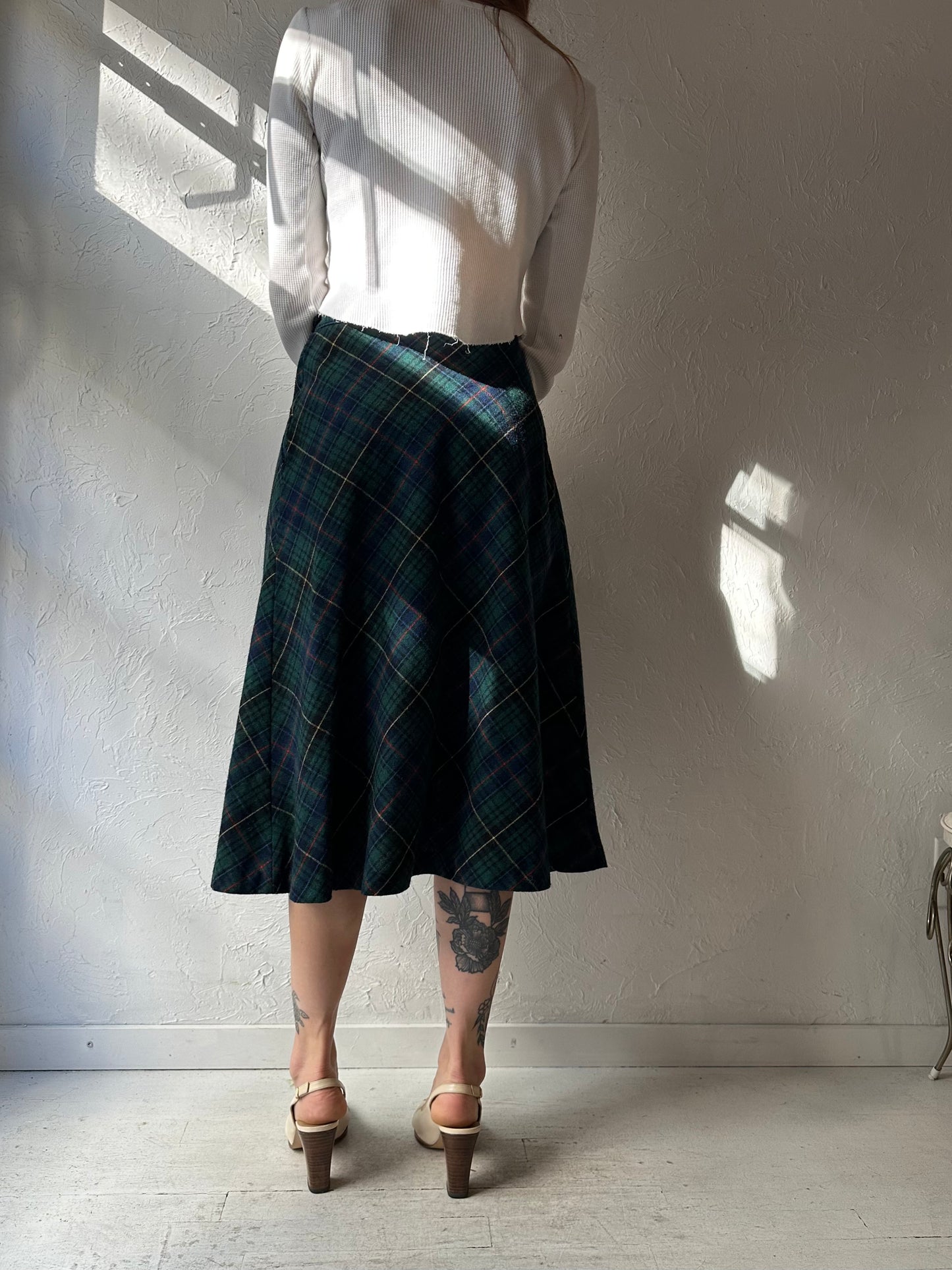 Vintage Green Plaid Midi Skirt / Small