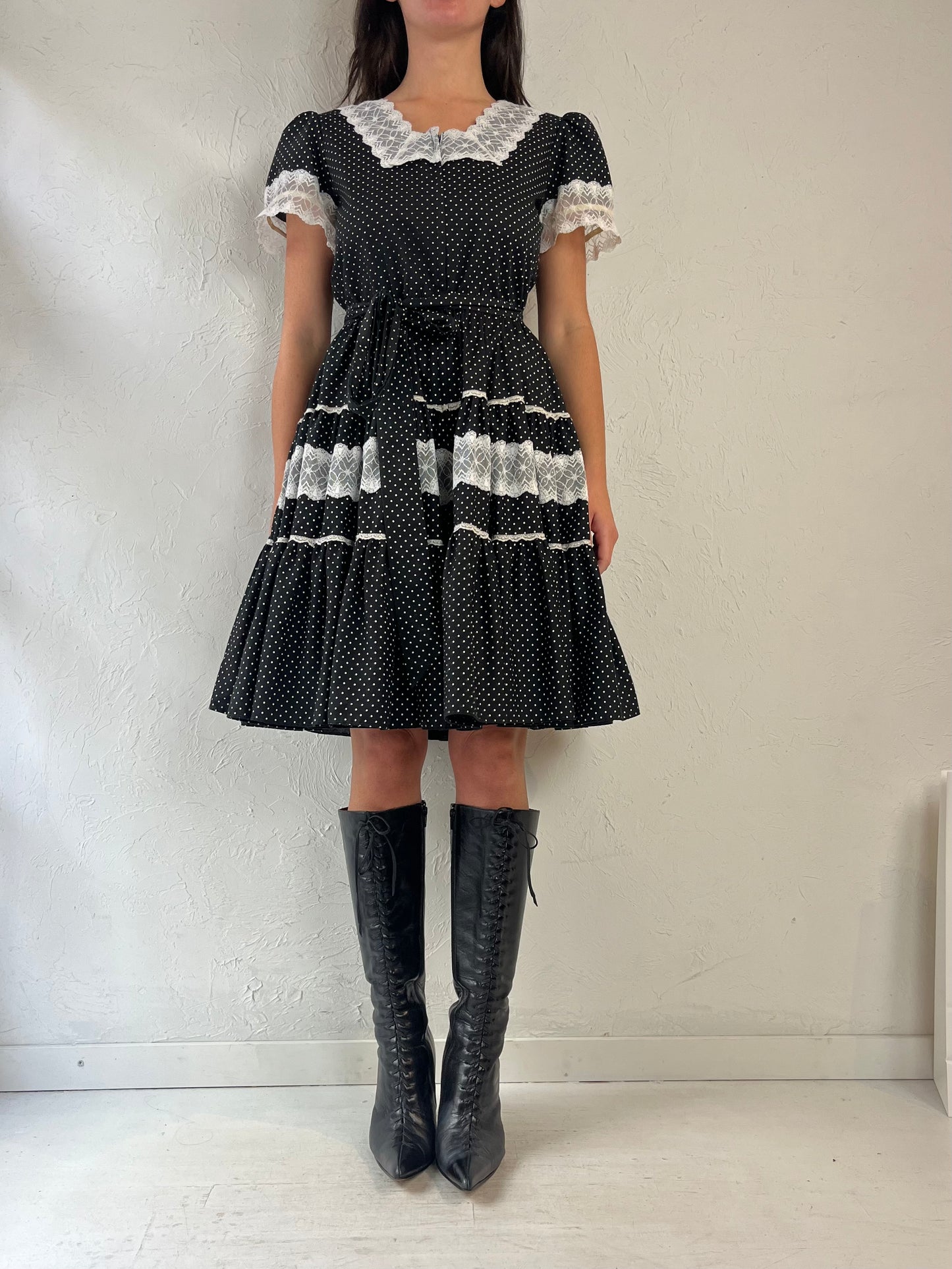 90s Handmade Black Polka Dot Western Puff Sleeve Dress / Small