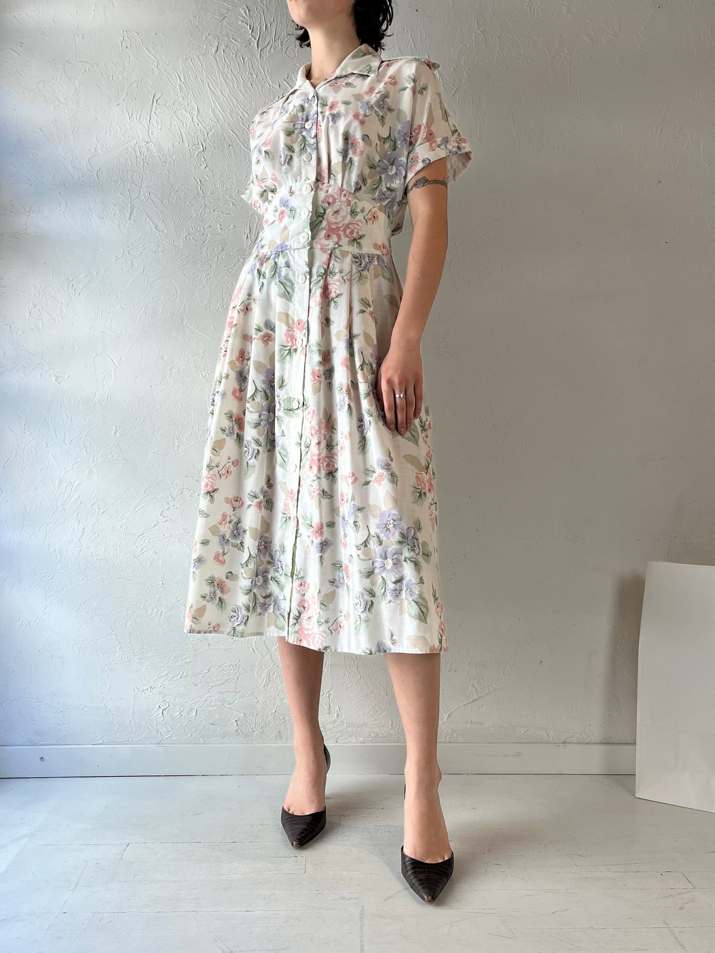 90s 'Stuart Alan' Collared Floral Print Dress / Small