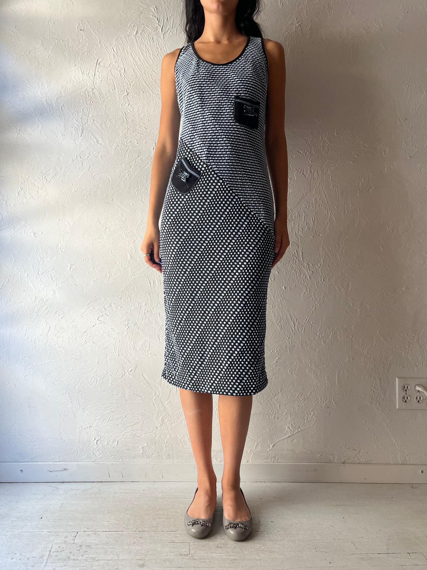 70s 'Artex' Blue Knit Retro Midi Dress / Medium