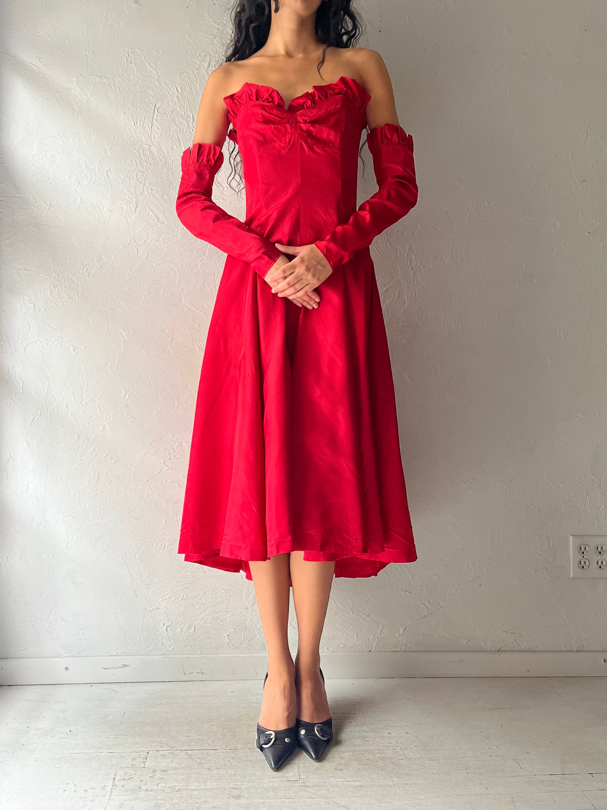 60s Red Strapless Formal Dress / Small