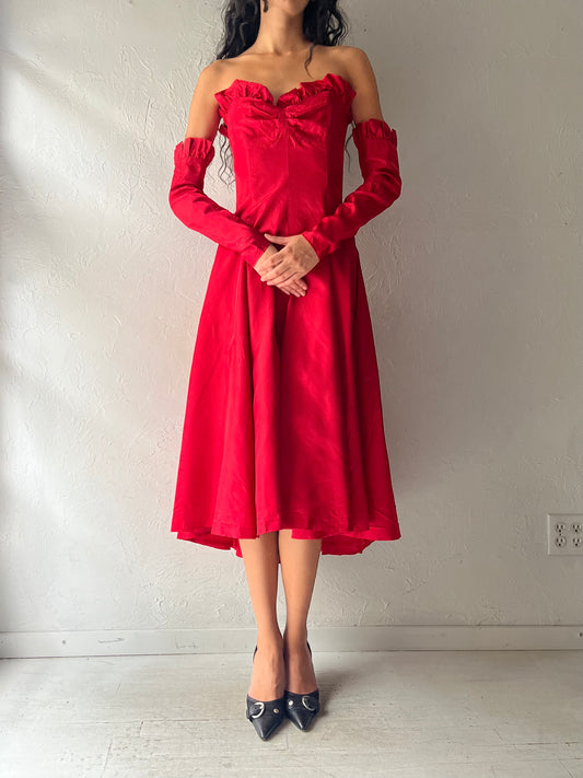 60s Red Strapless Formal Dress / Small