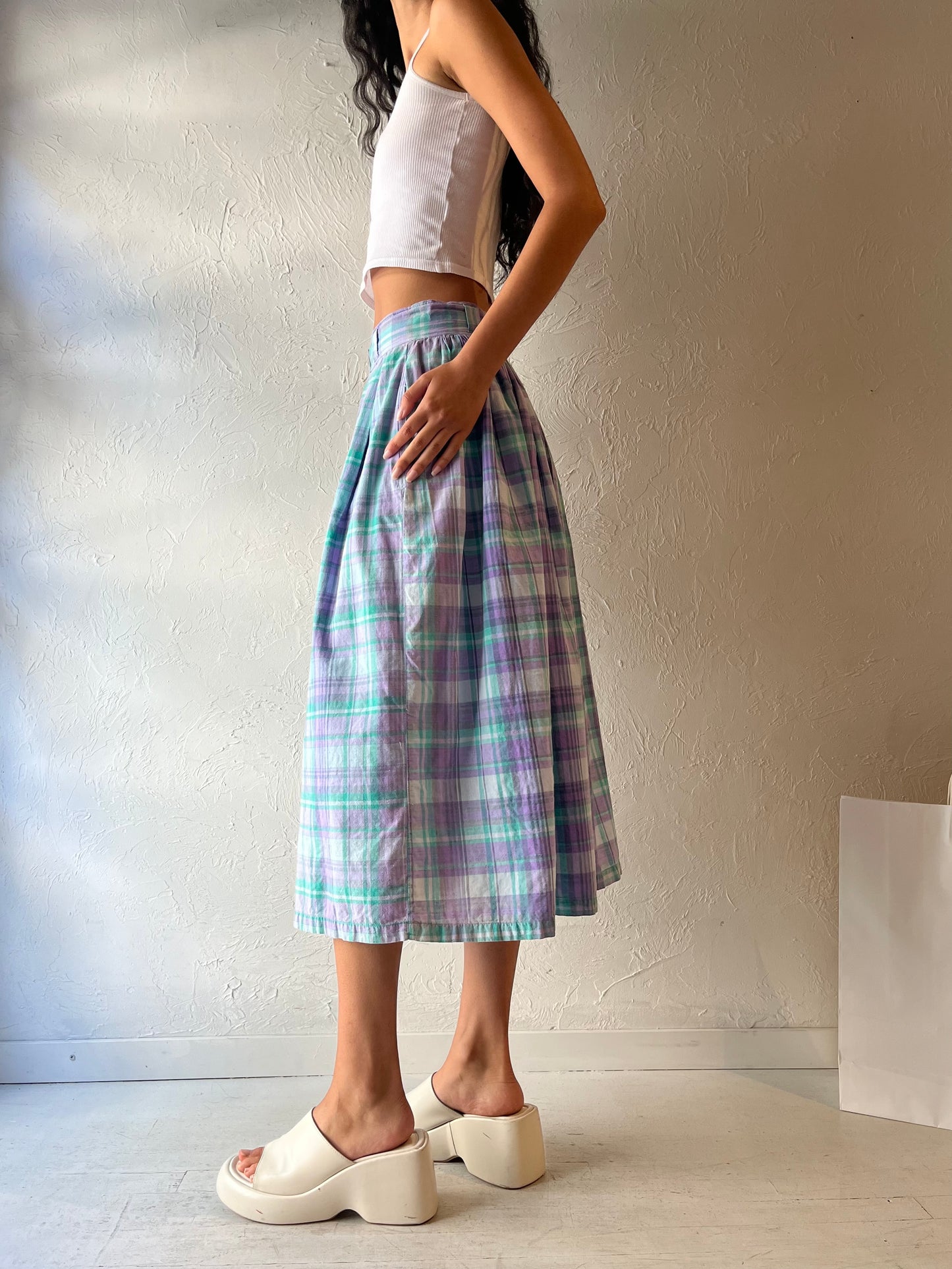 90s 'Southern Comforts' Plaid Cotton Midi Skirt / Small - Medium