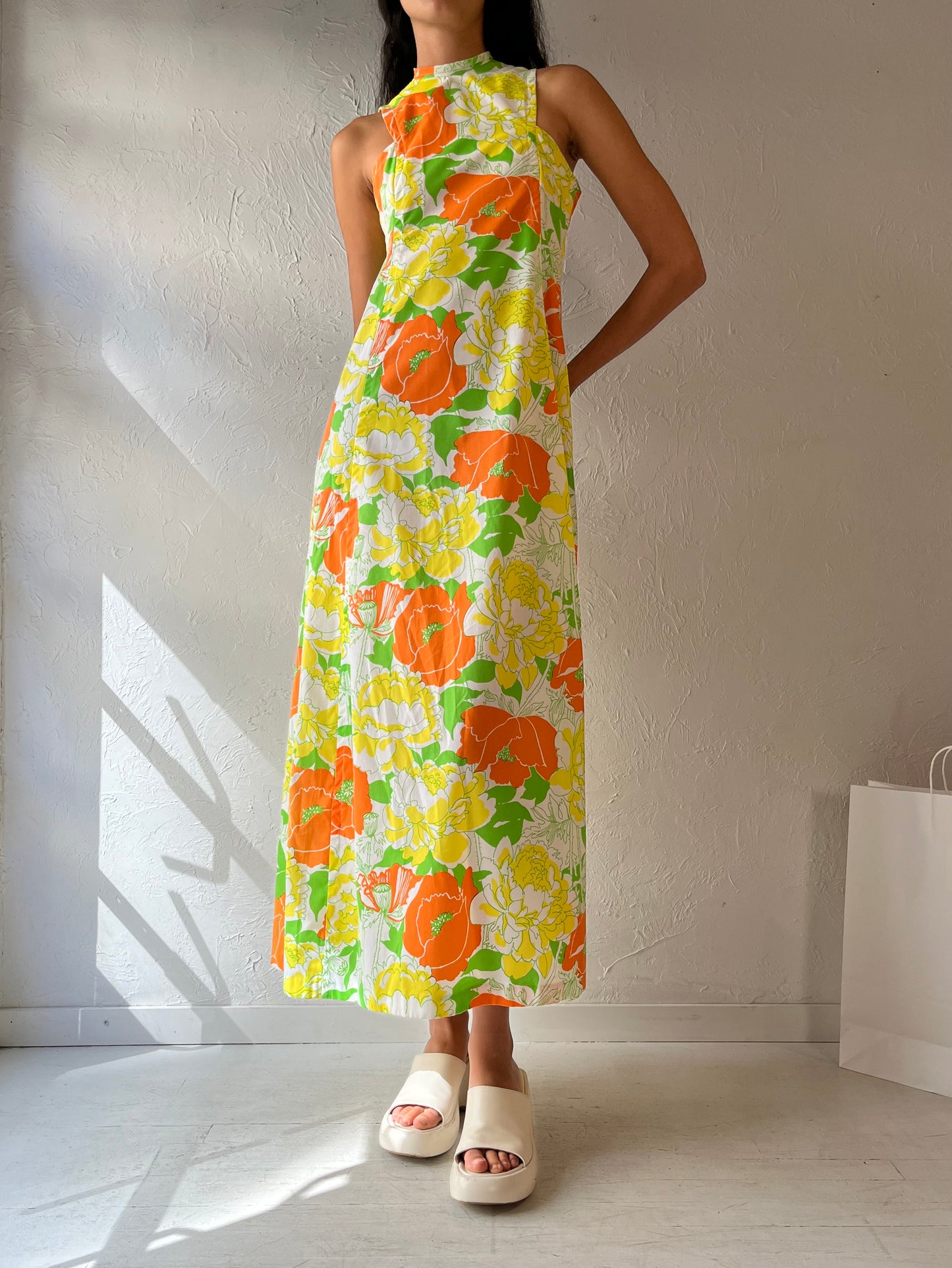 Vintage Handmade Retro Neon Floral Print Maxi Dress / Small