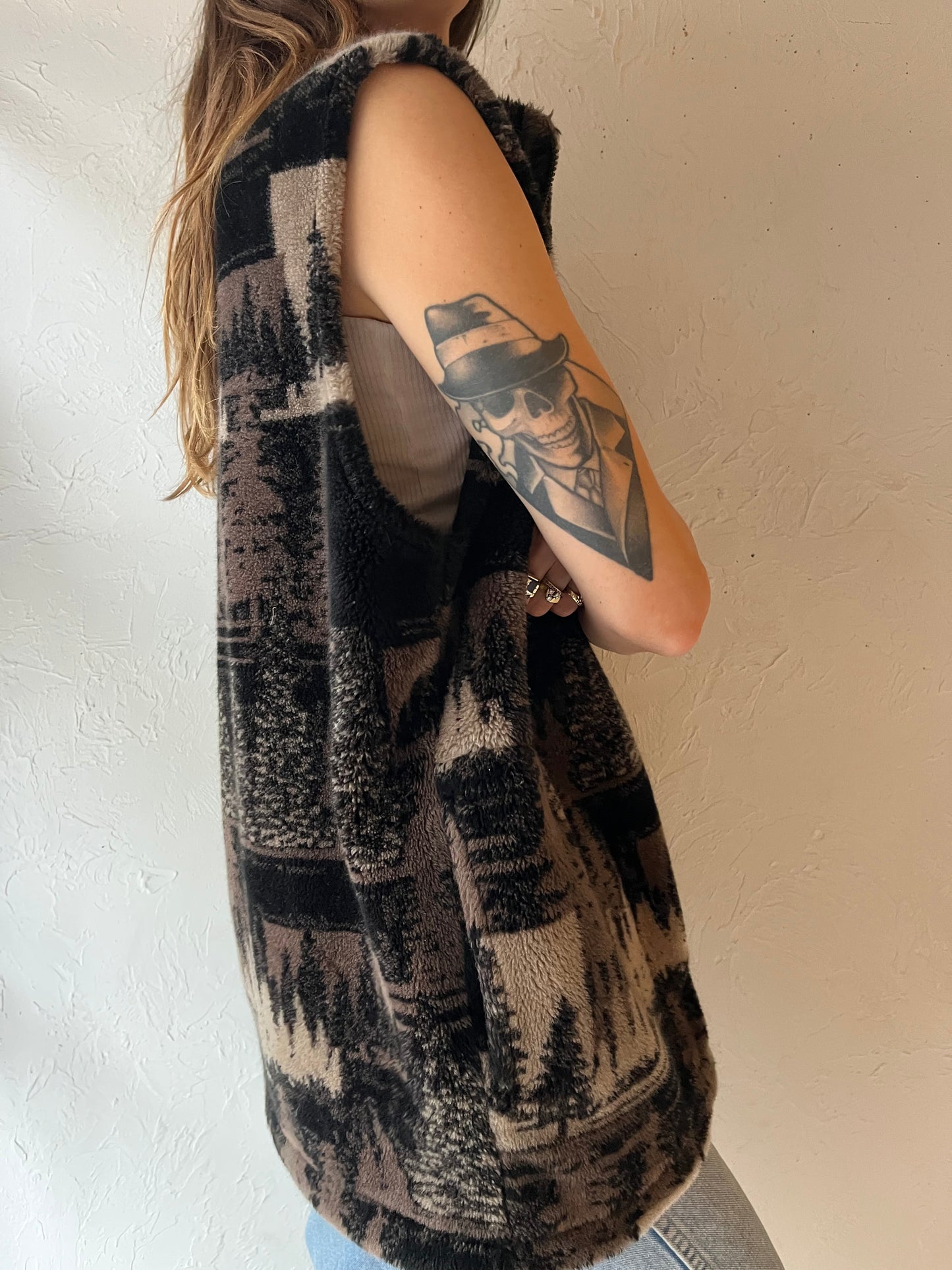 90s 'Any Wear' Fuzzy Fleece Tree Winter Vest / Large