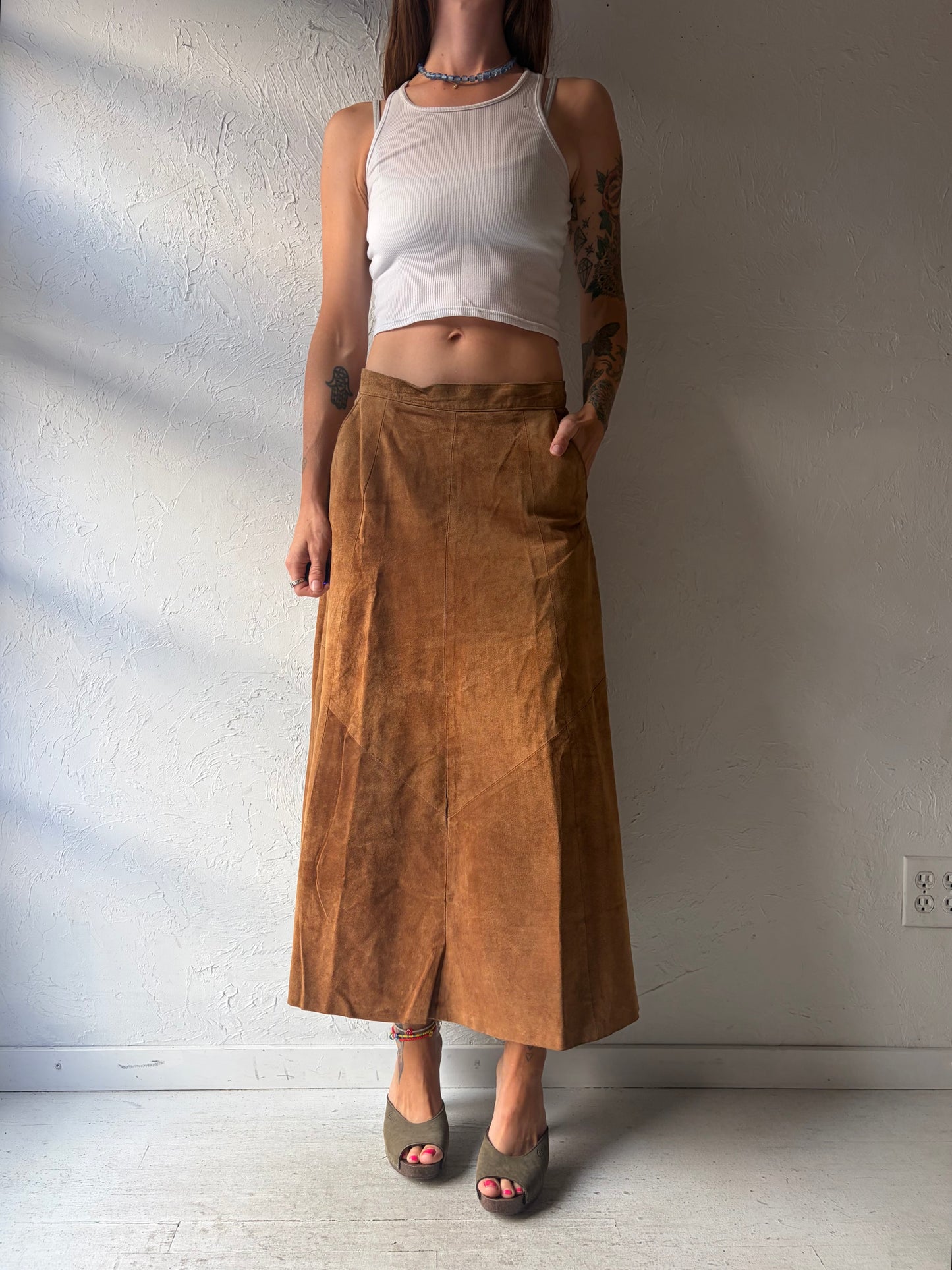 90s 'Casual Connection' Brown Suede Maxi Skirt / Medium