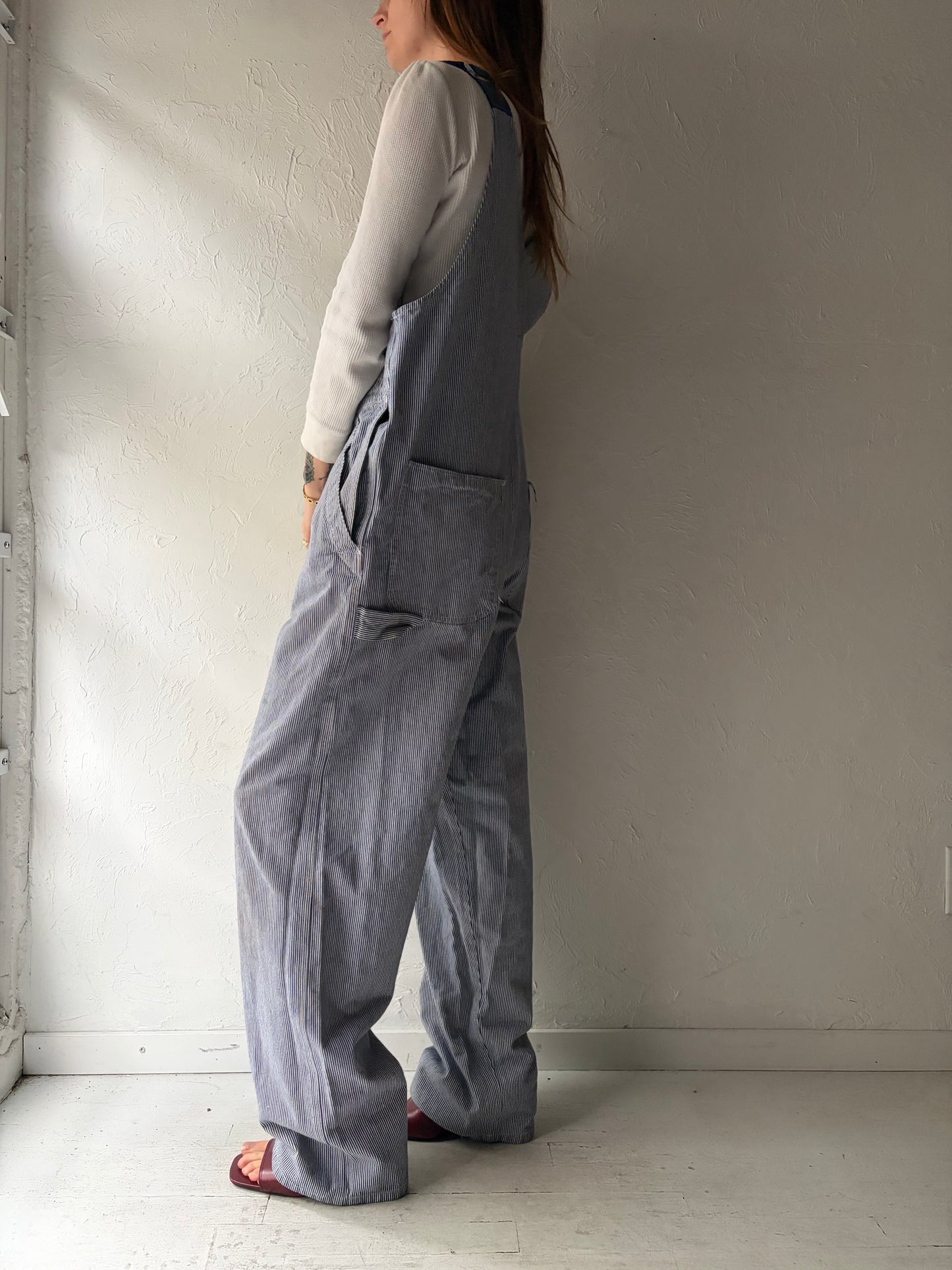 90s 'Champion' Pin Striped Denim Overalls / Vintage 1990s Cotton Workwear Coveralls /  Meidum