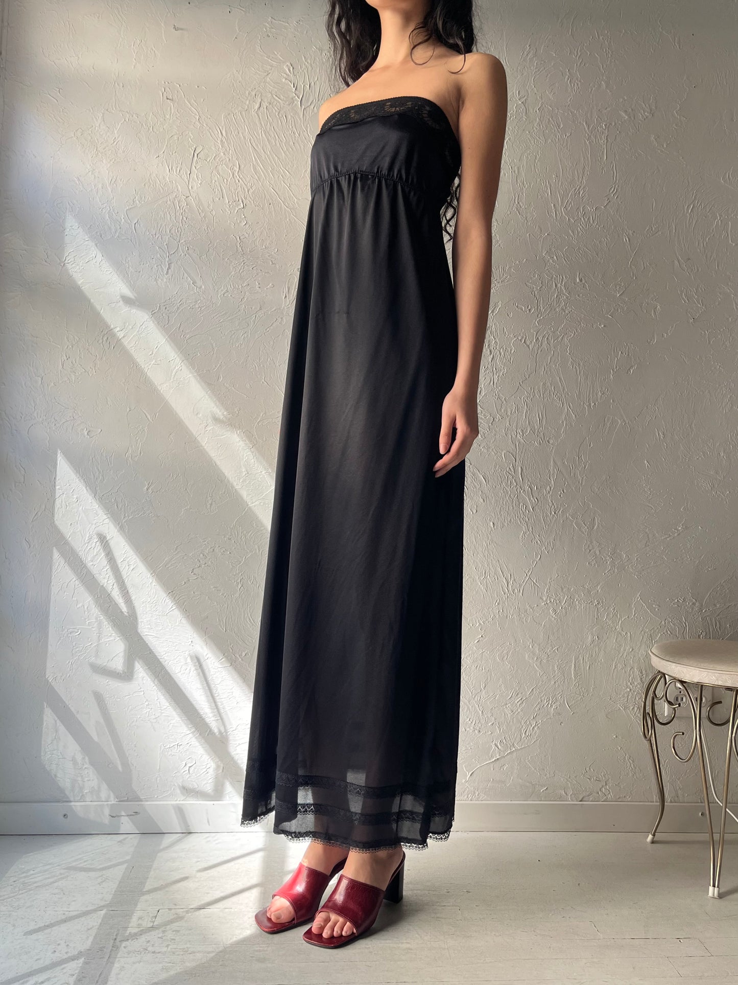 90s 'Claydel' Black Strapless Romantic Nylon Maxi Slip Dress / Small