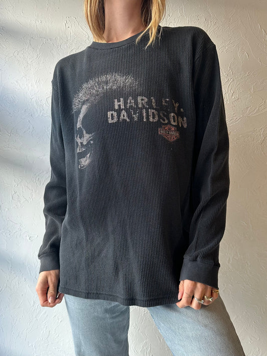 90s ‘Harley Davidson’ Black Long Sleeve Waffle Shirt / Large
