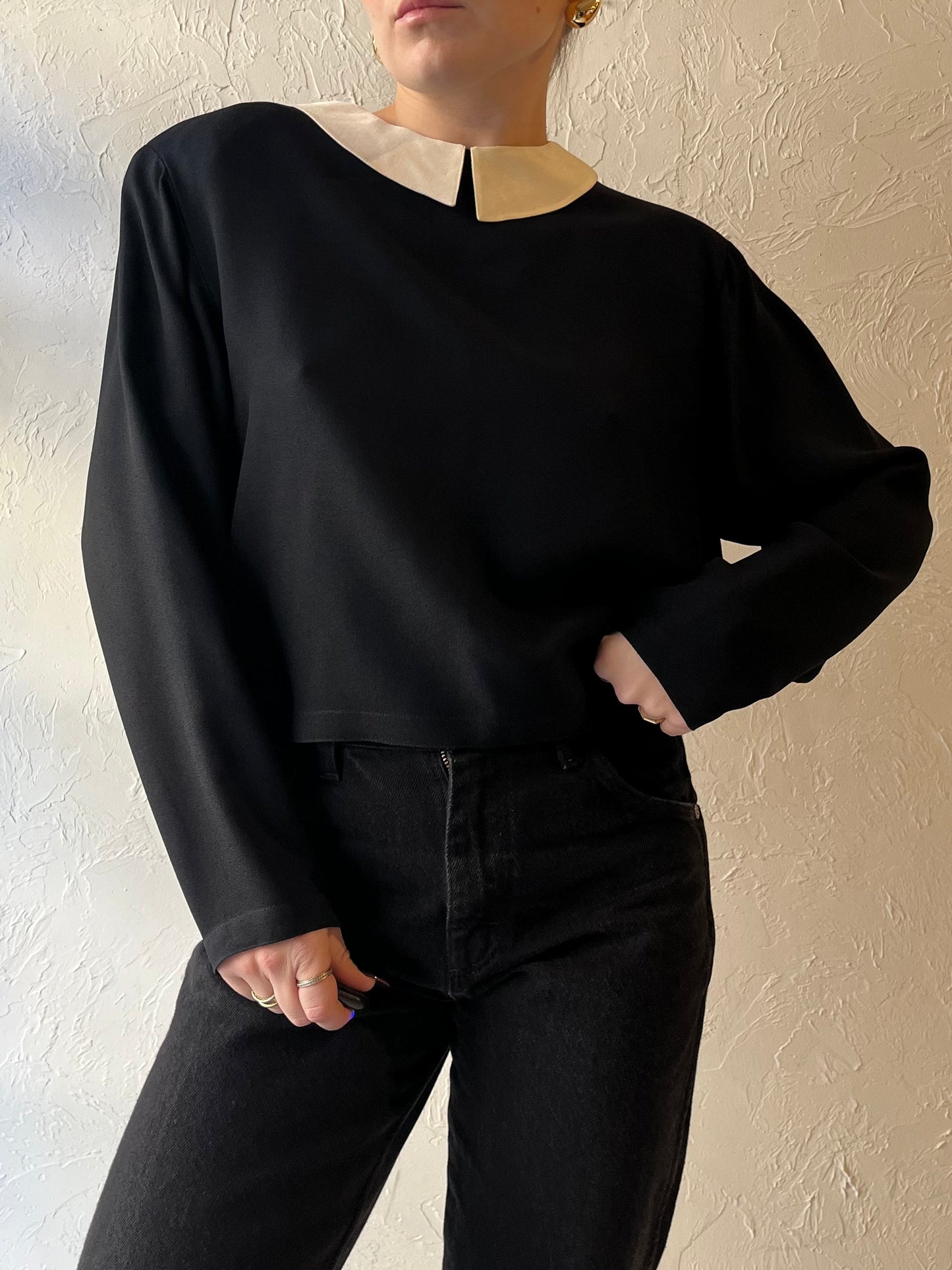 90s ‘Albert Nipon’ Black Collared Long Sleeve Blouse / Small