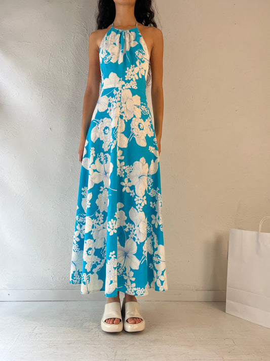 70s Handmade Blue Floral Halter Dress / Small