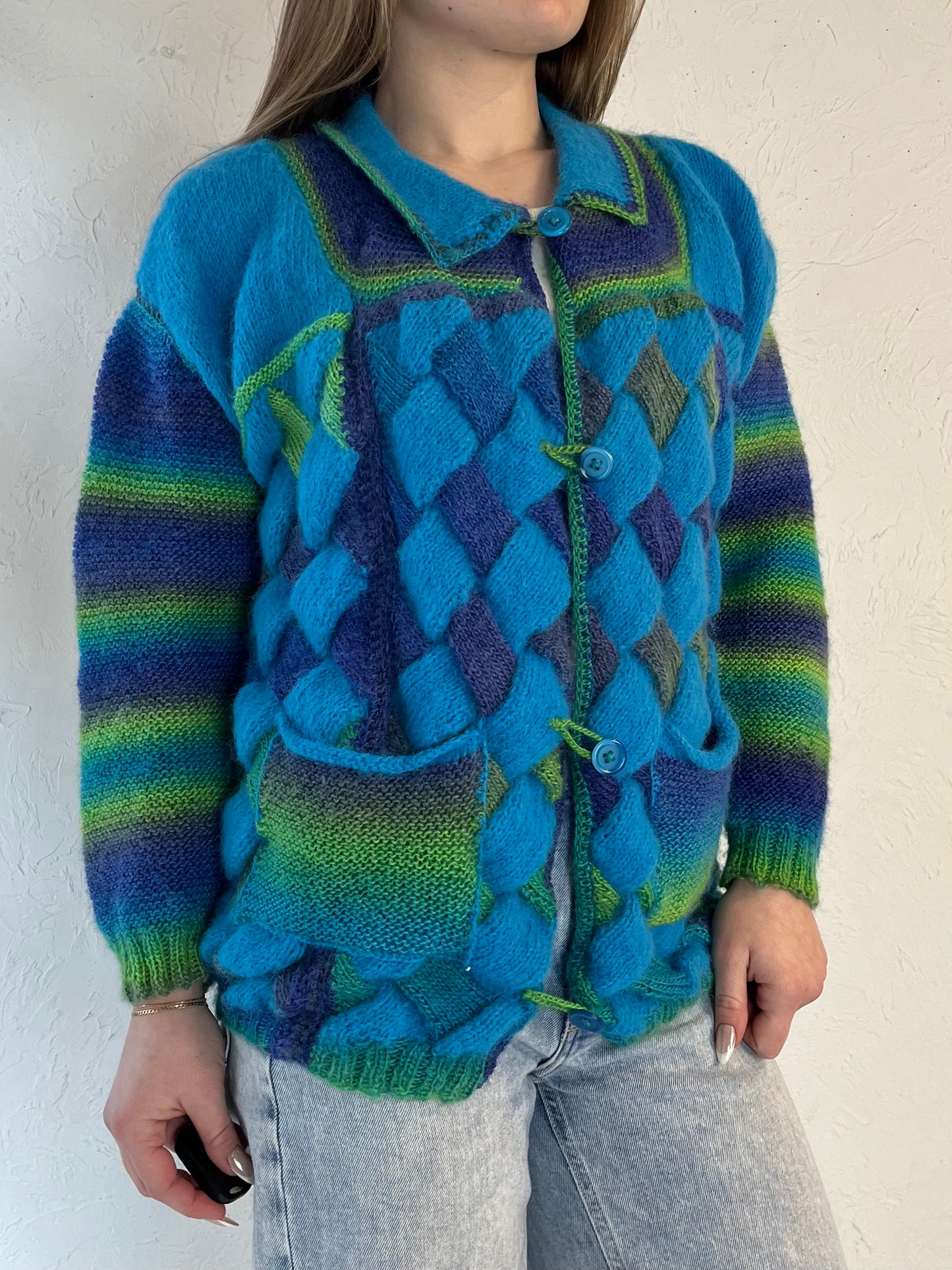 Vintage Hand Knit Blue Cardigan Sweater / Small