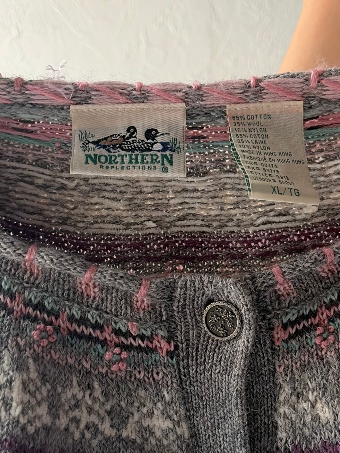 90s 'Northern Reflections' Grey Knit Cottagecore Cardigan Sweater / XL
