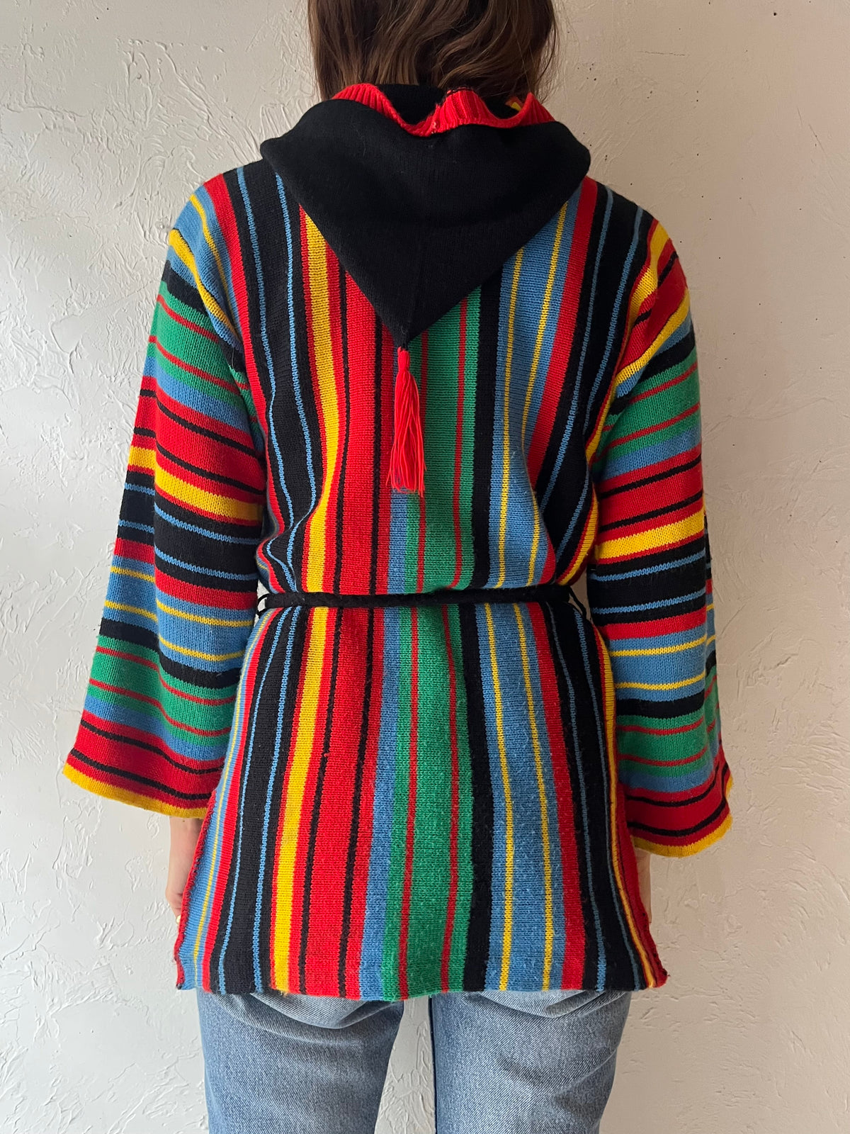 70s Vintage Rainbow Striped Baja Hoodie Boho Hippie Bell Sleeve Sweater / Small