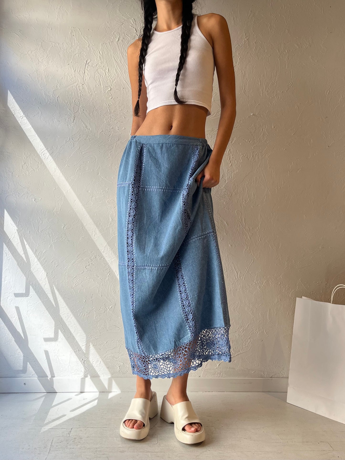 90s 'Kroshetta' Denim Maxi Skirt / Medium