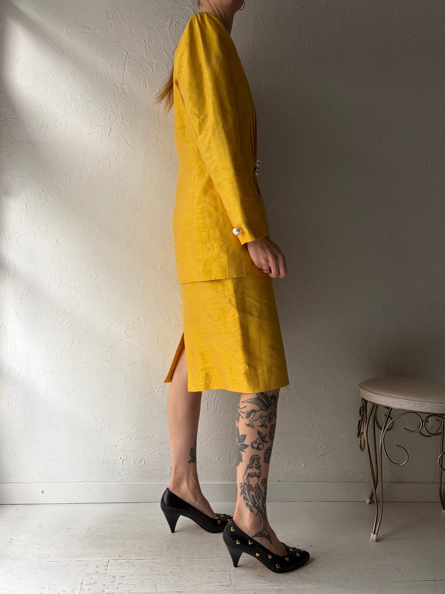 80s 'Raffinati' Two Piece Yellow Silk Suit Skirt Set / Small